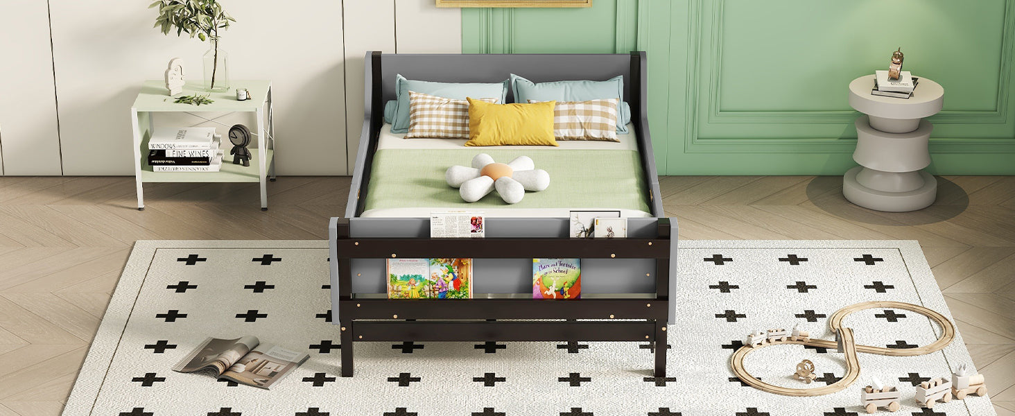 Gray Twin Bed with Headboard, Footboard, Safeguards, and Built-in Book Storage Rack