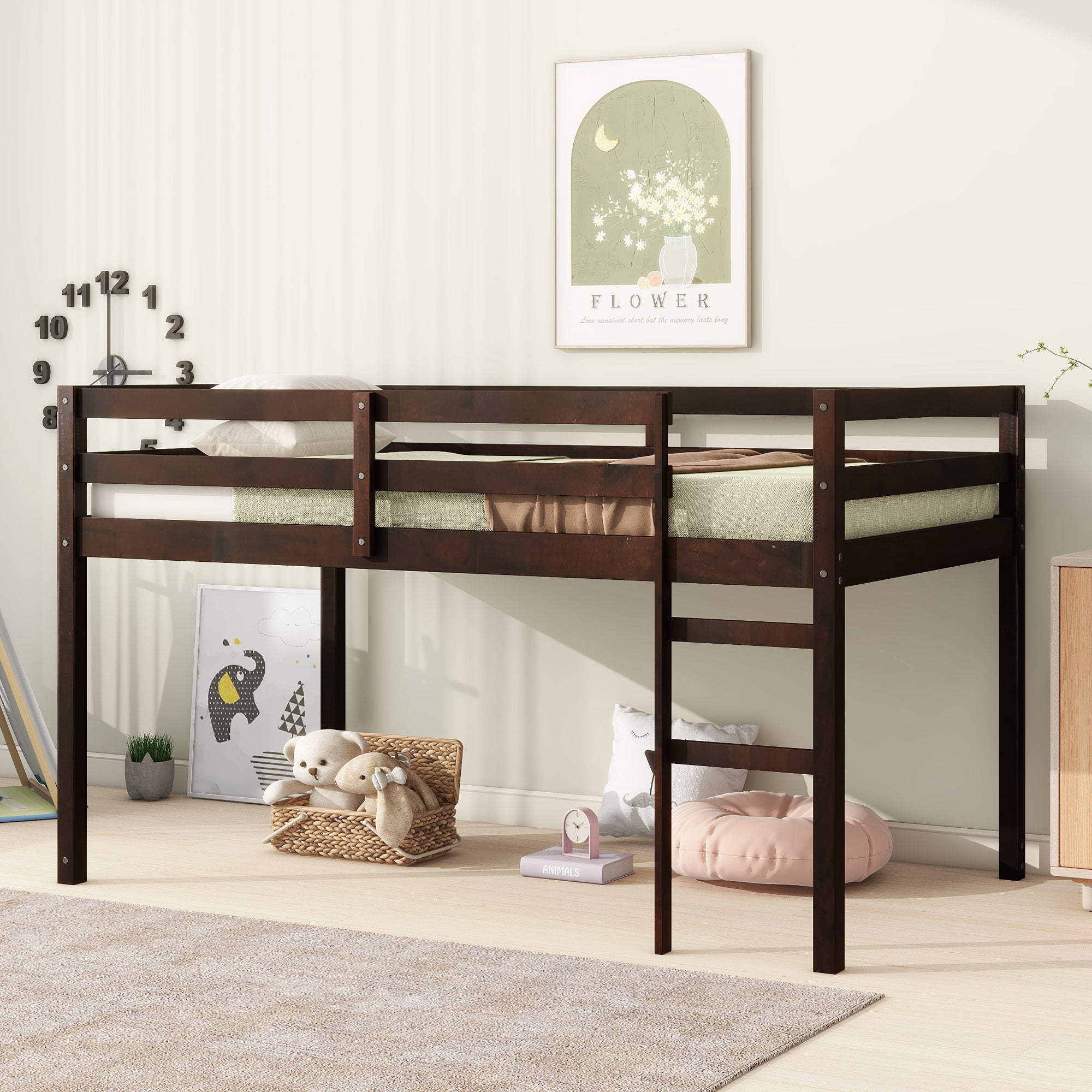 Espresso Twin Loft Bed with Ladder and Strengthened Slats