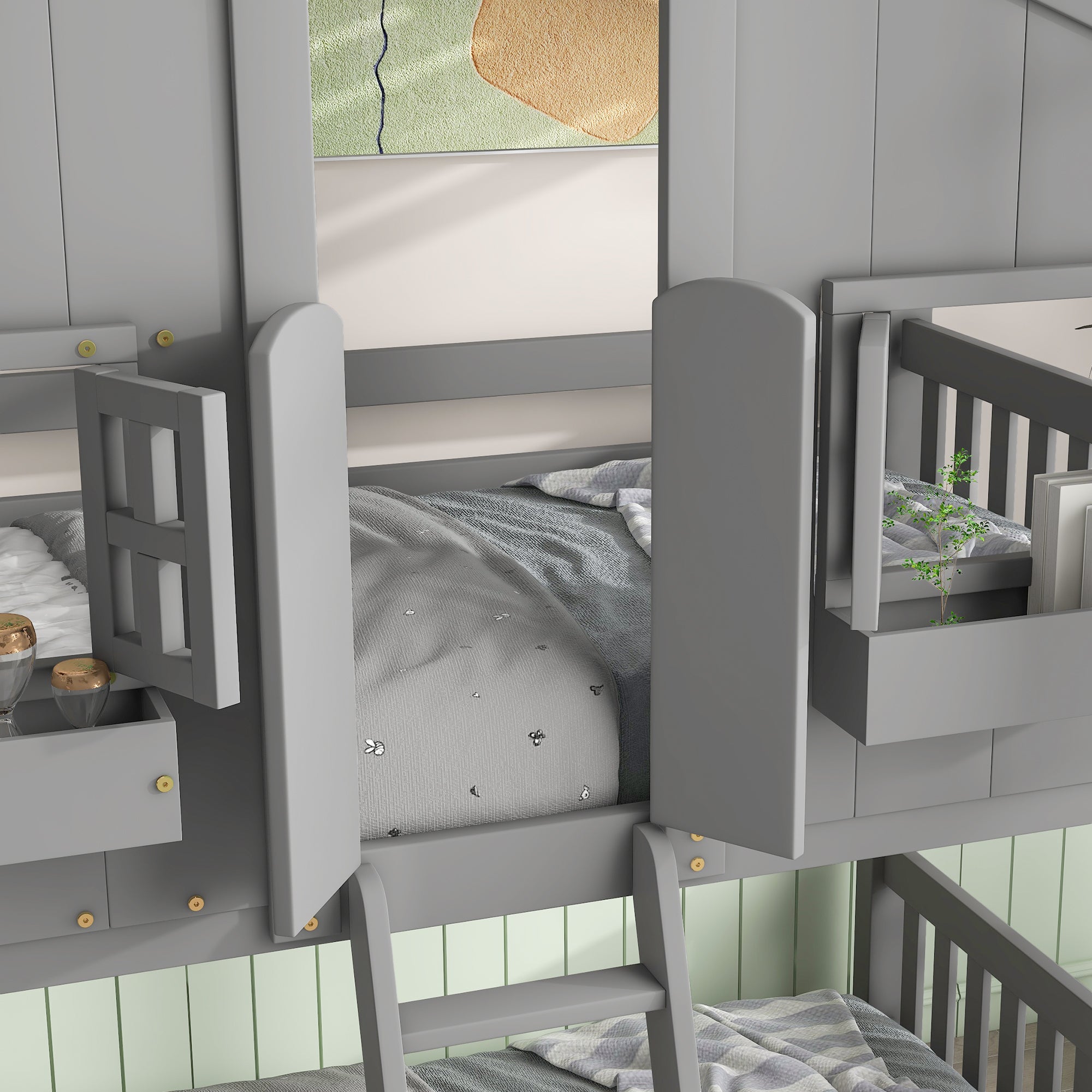 Gray Twin Over Twin House Bunk Bed with Roof, Windows, and Door