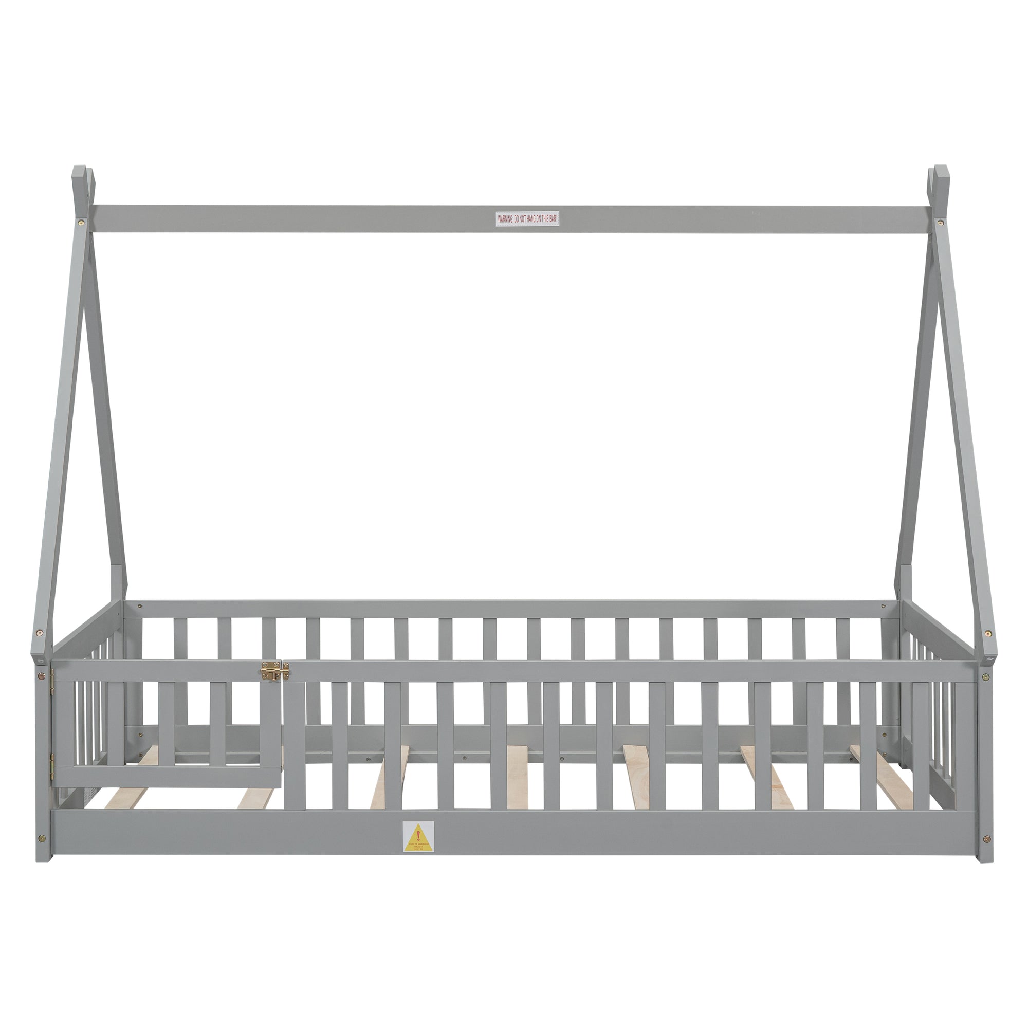 Gray Twin Tent-Shaped Toddler Floor Bed with Guardrails, Slats, and Door