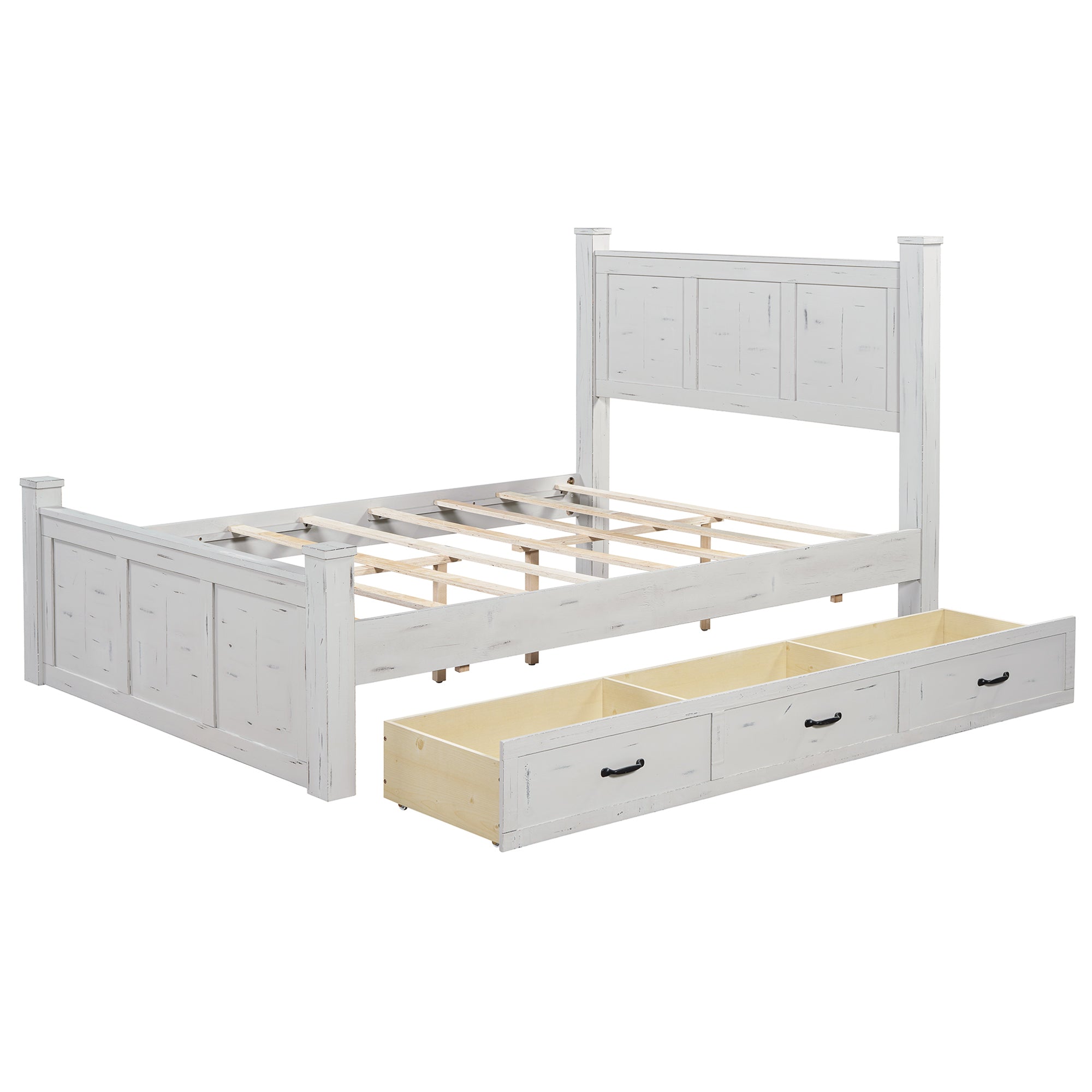 Ancient White Queen Size Farmhouse Bed Frame with Storage Drawers