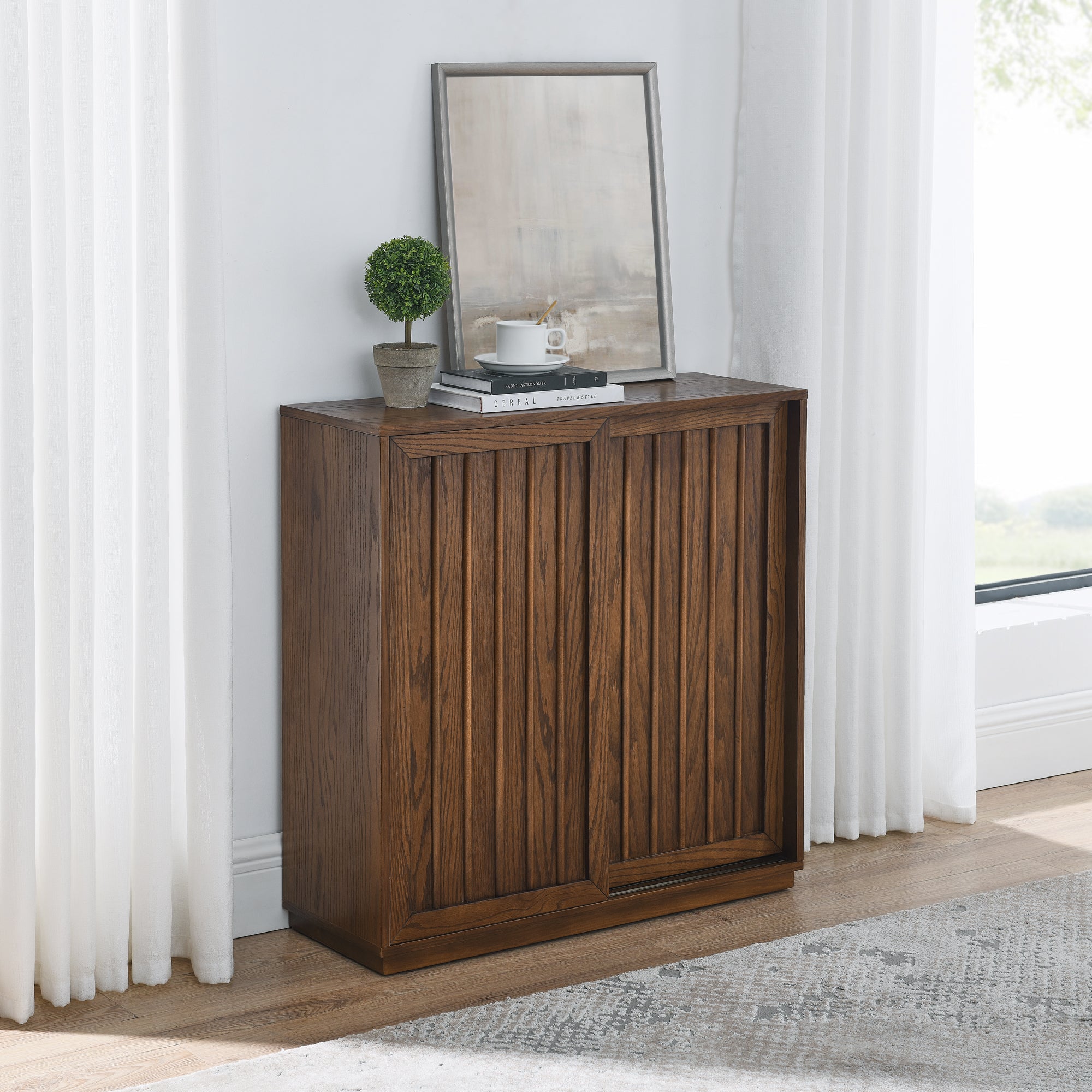 Mid Century Sideboard with 2 Sliding Doors and Solid Wood Decorative Strips In Walnut