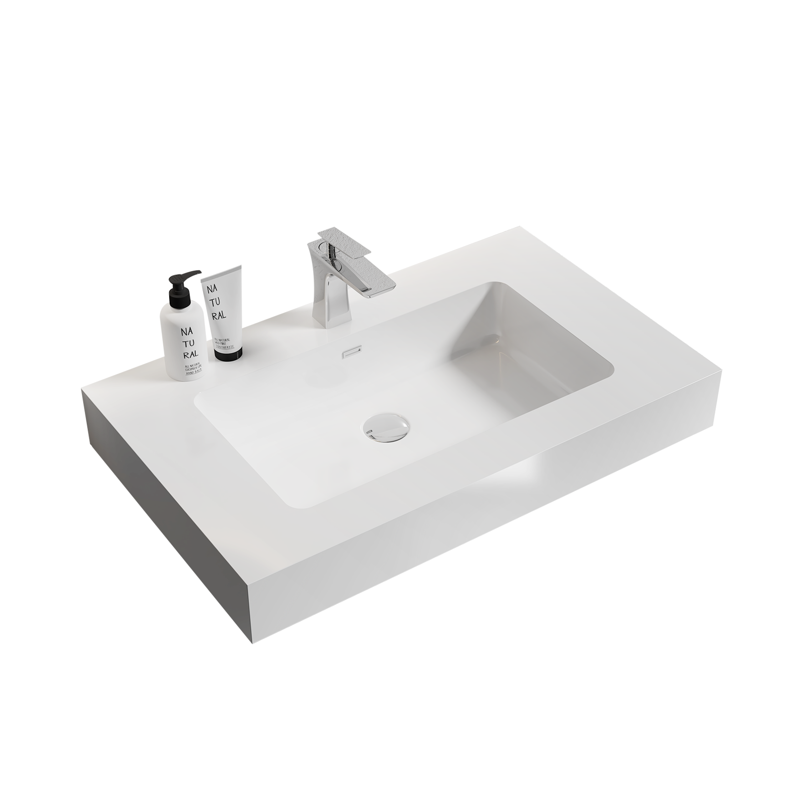 Integrated Solid Surface Basin Without Drain In Glossy White