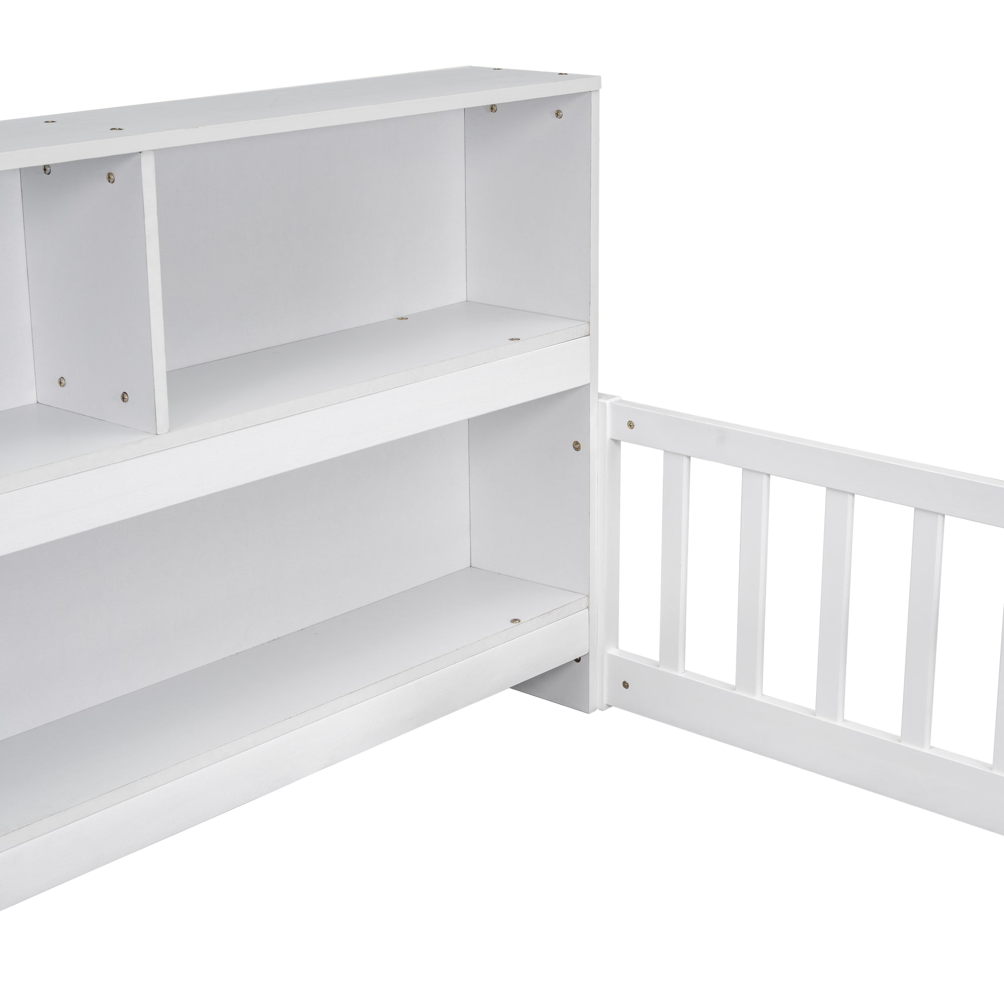 Twin Toddler Floor Bed with Bedside Bookcase, Shelves, and Guardrails in White