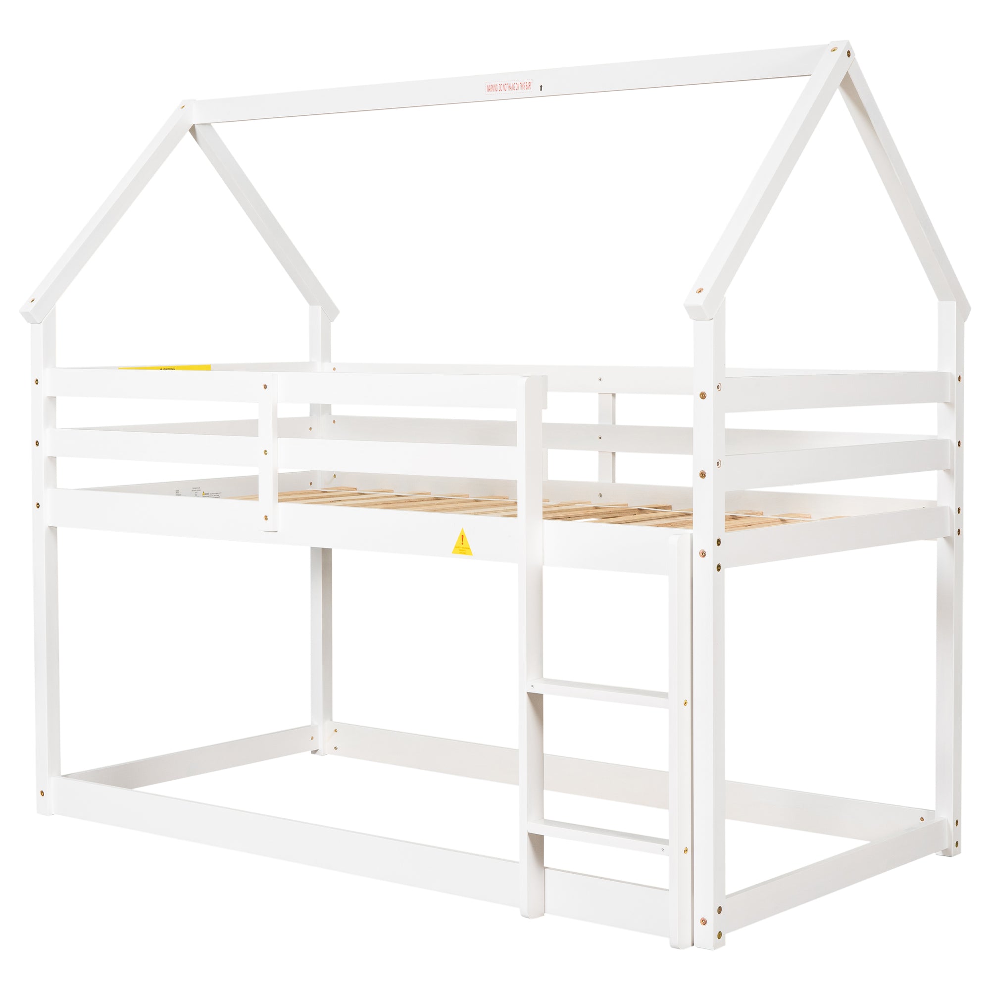 White Twin over Twin Loft Bed with Roof Design, Safety Guardrail, and Ladder