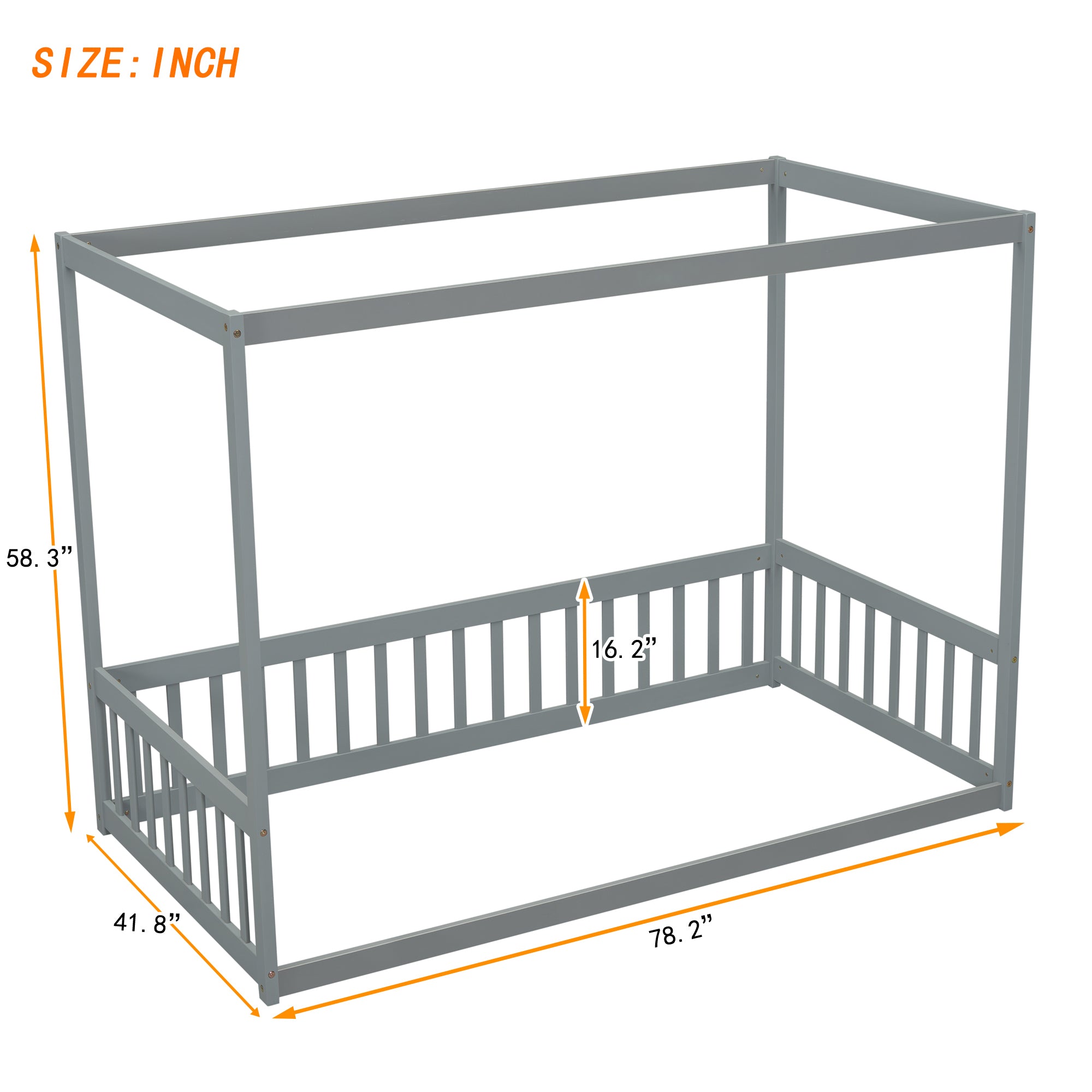 Gray Twin Size Canopy Frame Floor Bed with Fence and Guardrails