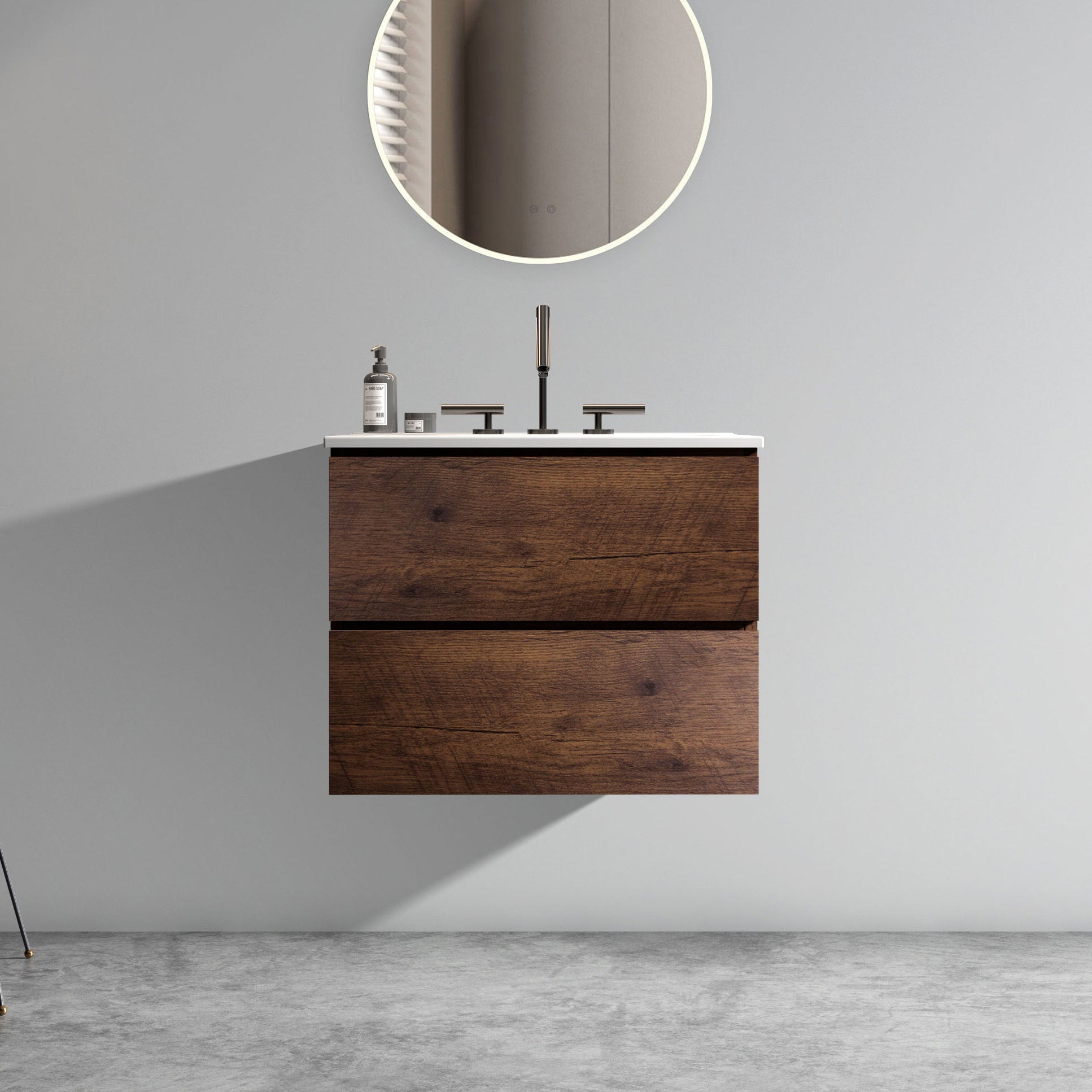 Wall Mount 24 Walnut Bathroom Vanity With Ceramic Sink Large Storage Floating Design In Walnut