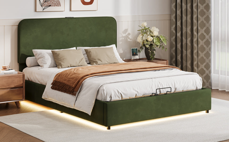 Queen Size Bed with Hydraulic Storage, LED Lights & Bluetooth Speaker