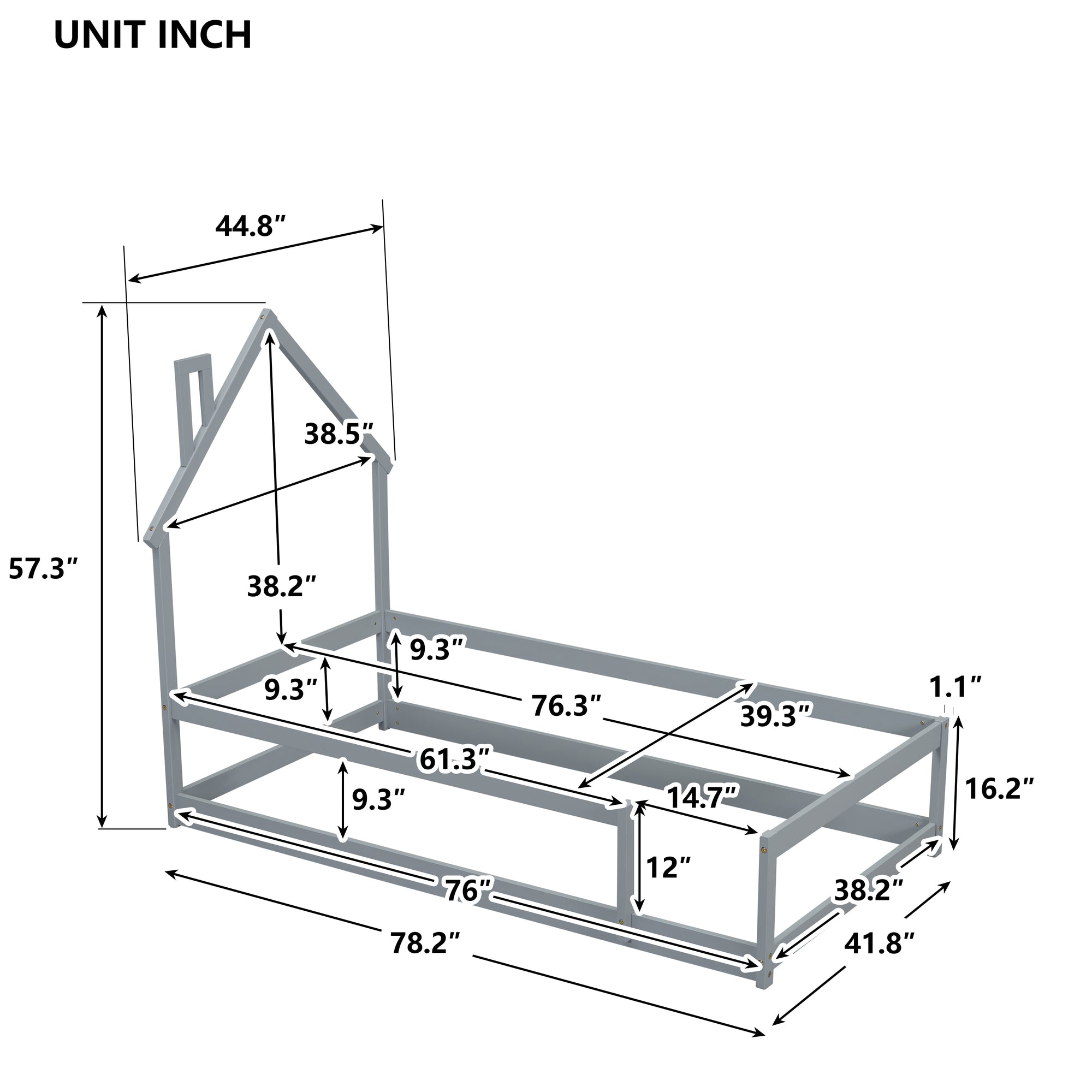 Gray Twin Size Wood Toddler Floor Bed with House-Shaped Headboard & Guardrails