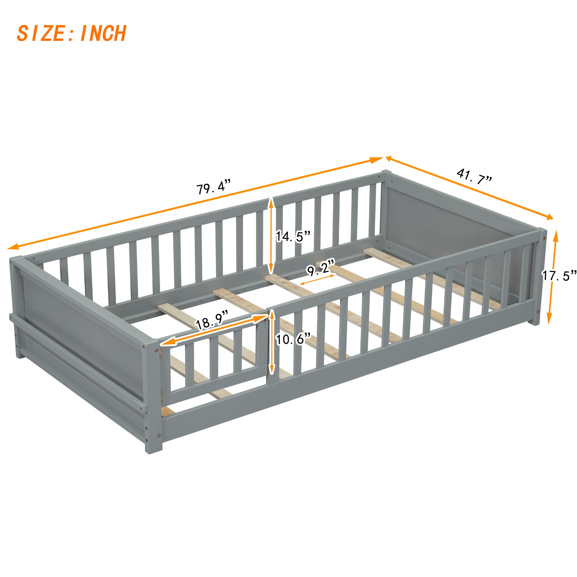 Gray Twin-Size Toddler Floor Platform Bed with Built-in Book Storage and Safety Guardrails