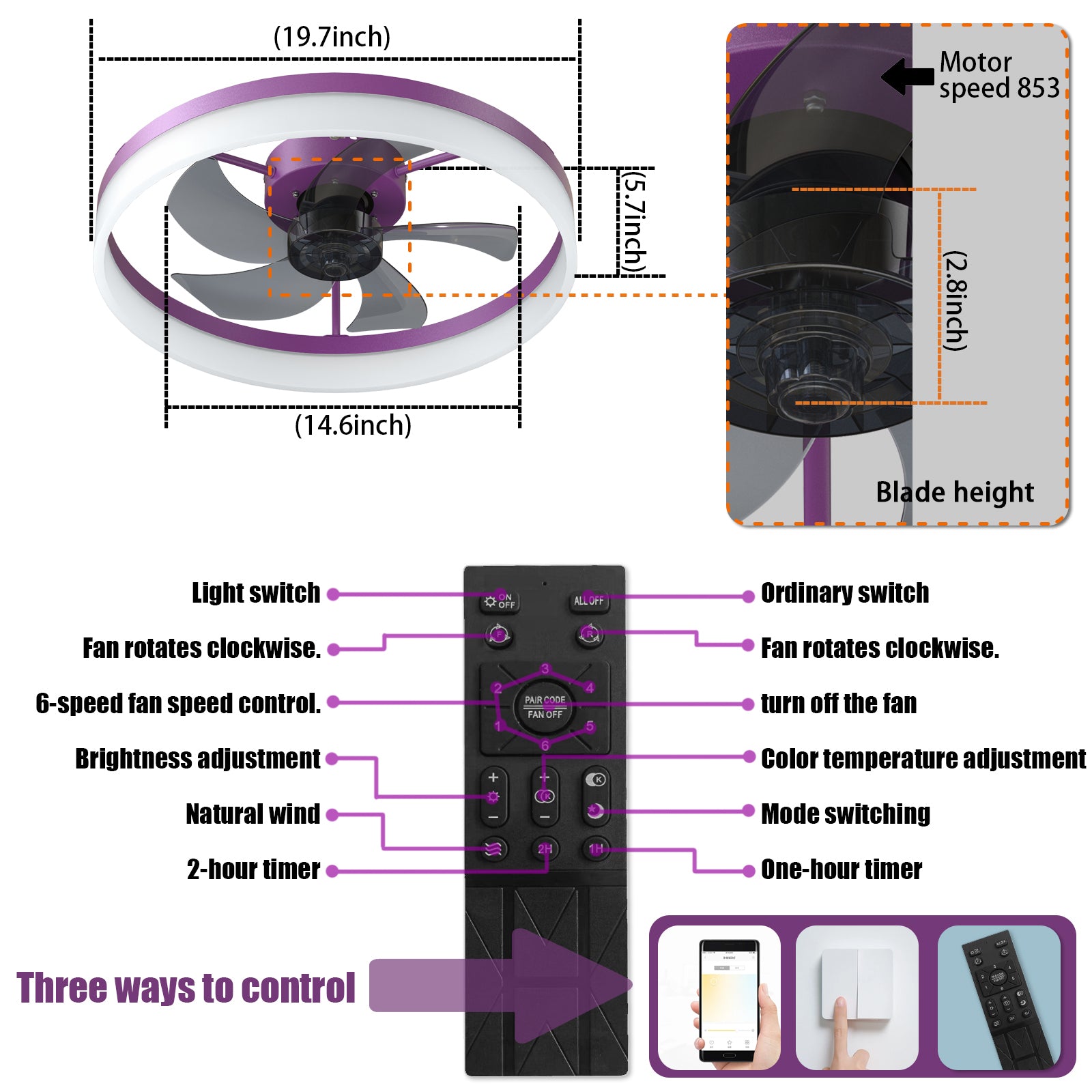 Aestin's Modern Purple Ceiling Fan with Dimmable LED Light