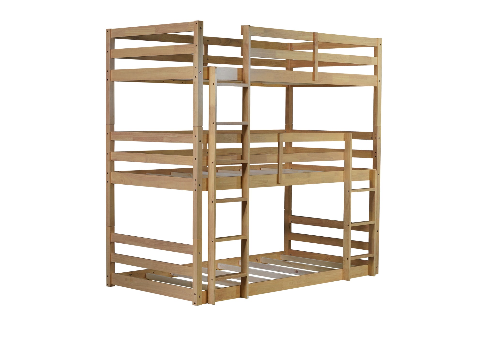 Triple Wood Bunk Bed with Two Built-in Ladders and Guardrails