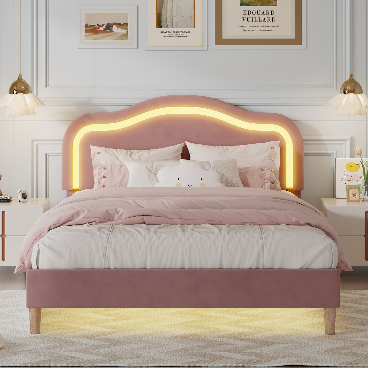 Pink Queen Bed Frame with Adjustable LED Lights and Velvet Upholstery