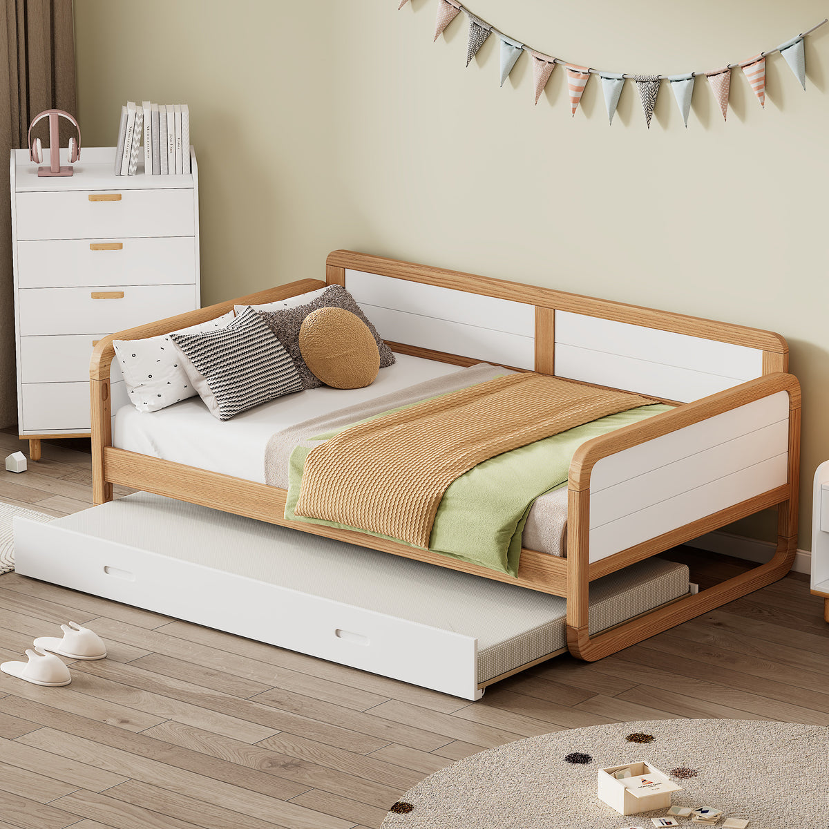 Twin Modern Daybed with Trundle in White &amp; Walnut