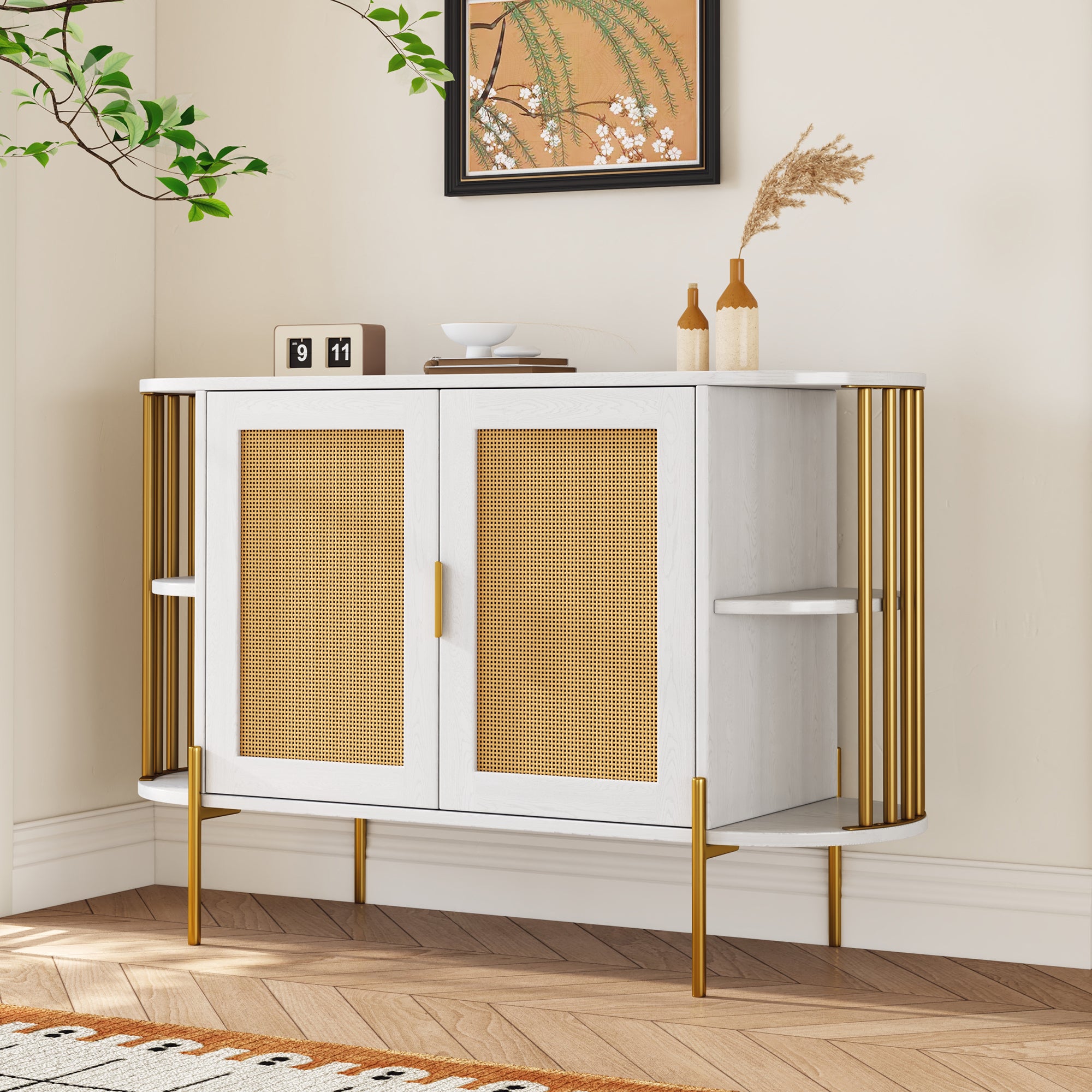 Elegant Curved Dining Cabinet with Gold Trim and Woven Rattan Doors for Dining Room In White