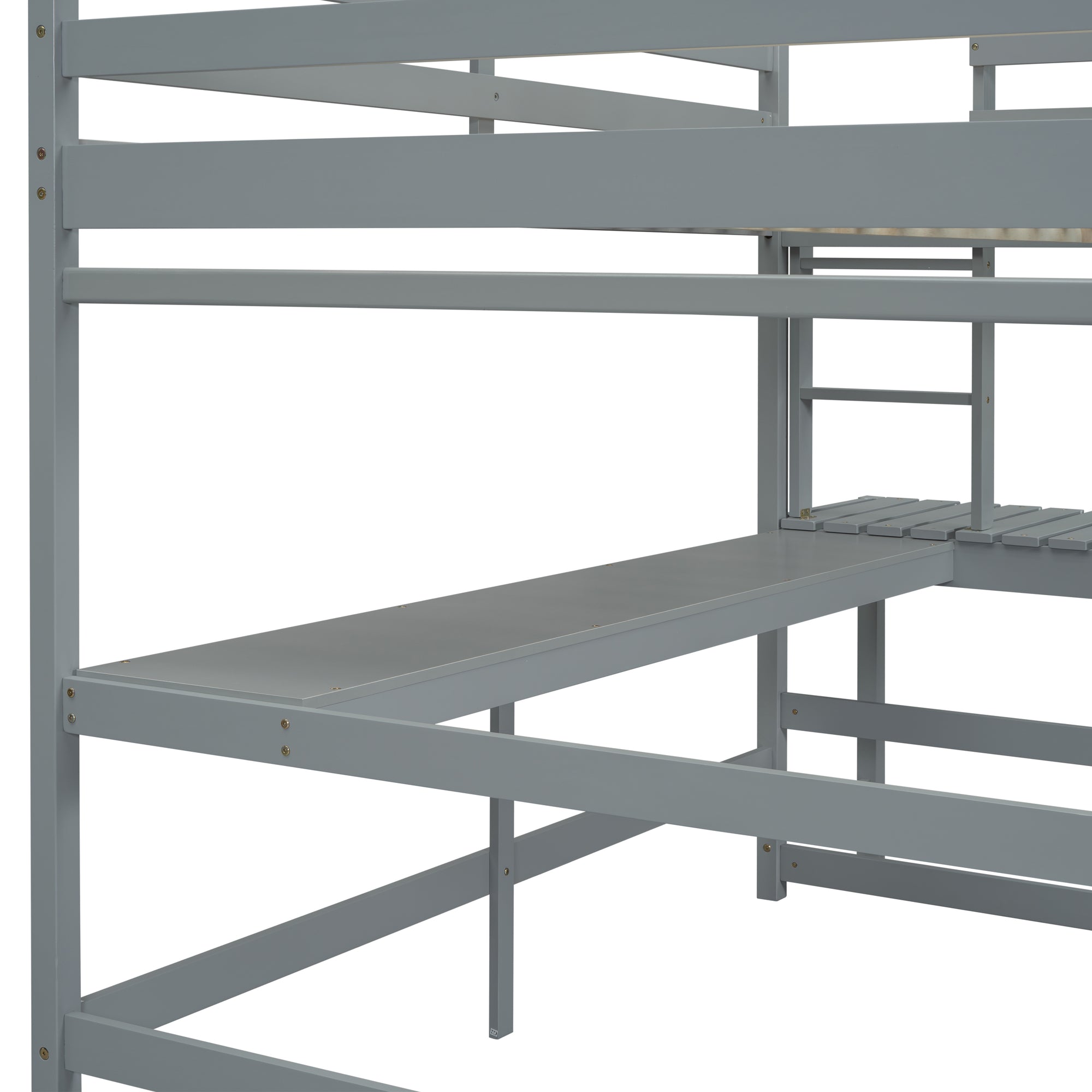 Gray Full Size High Loft Bed with Built-in Desk, Ladder Platform, and Guardrails