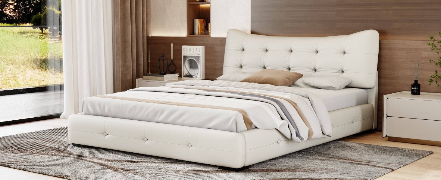 Cream Queen PU Leather Upholstered Bed with Wingback Headboard