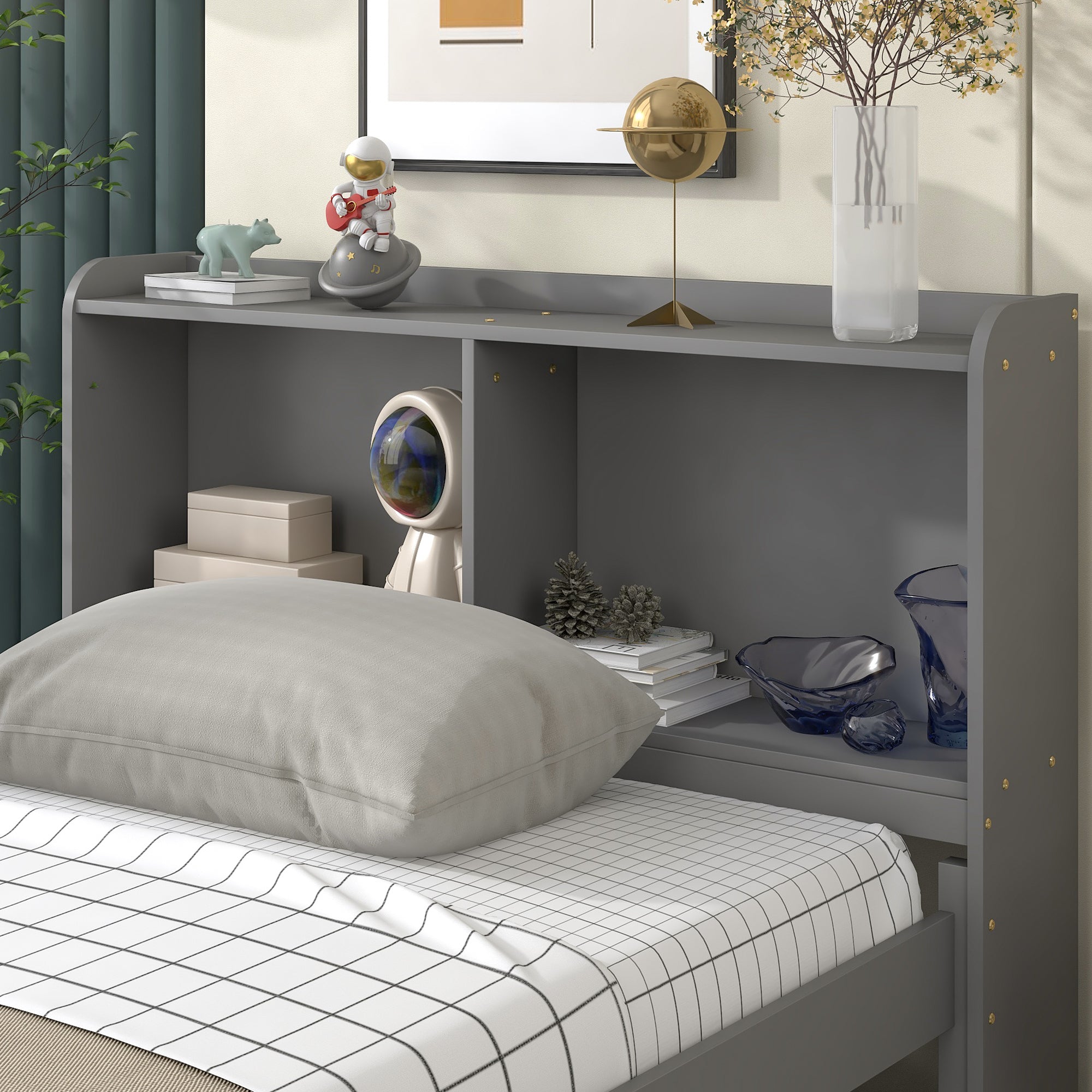 Twin Bed with Bookcase, Trundle, and Storage Drawers in Grey