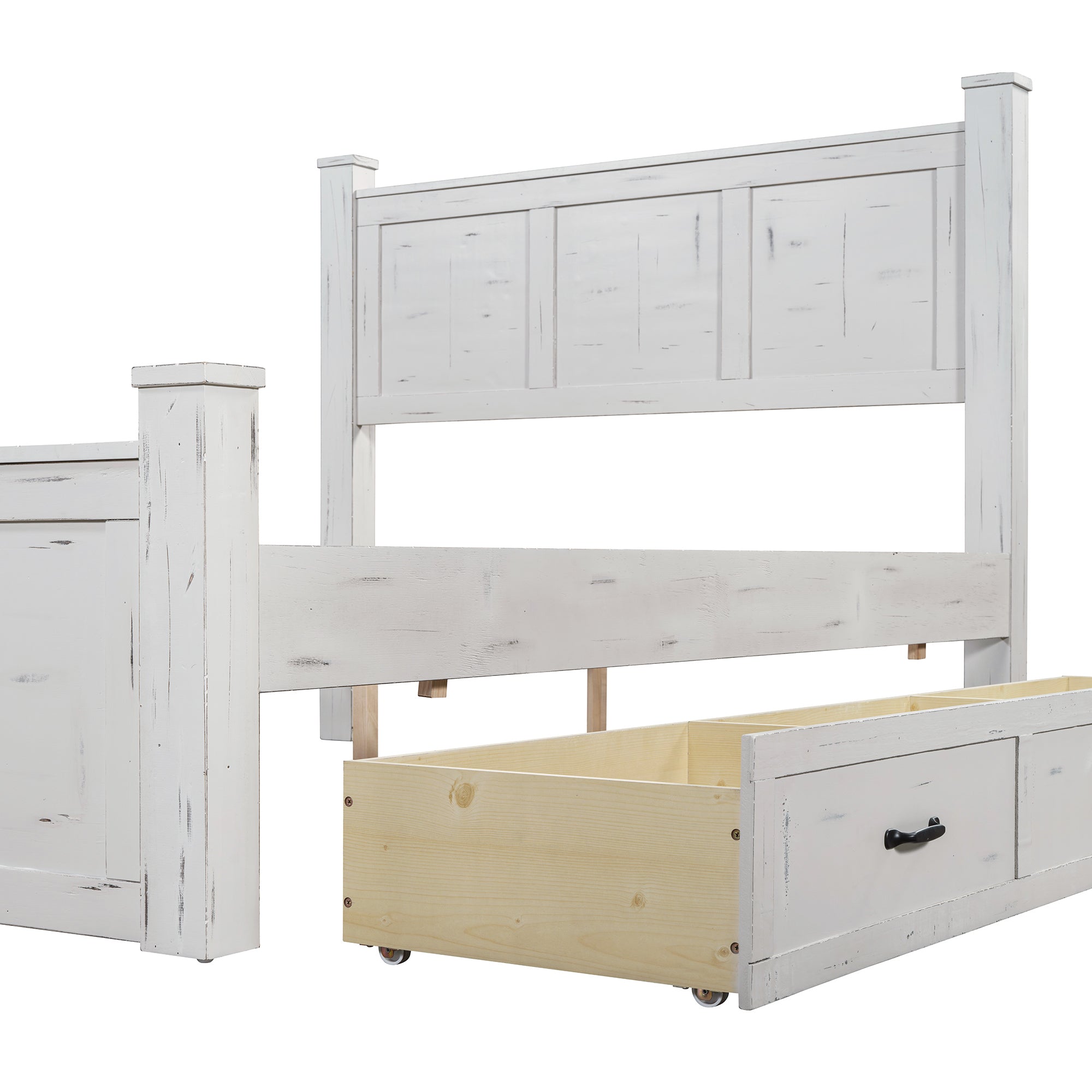 Ancient White Queen Size Farmhouse Bed Frame with Storage Drawers