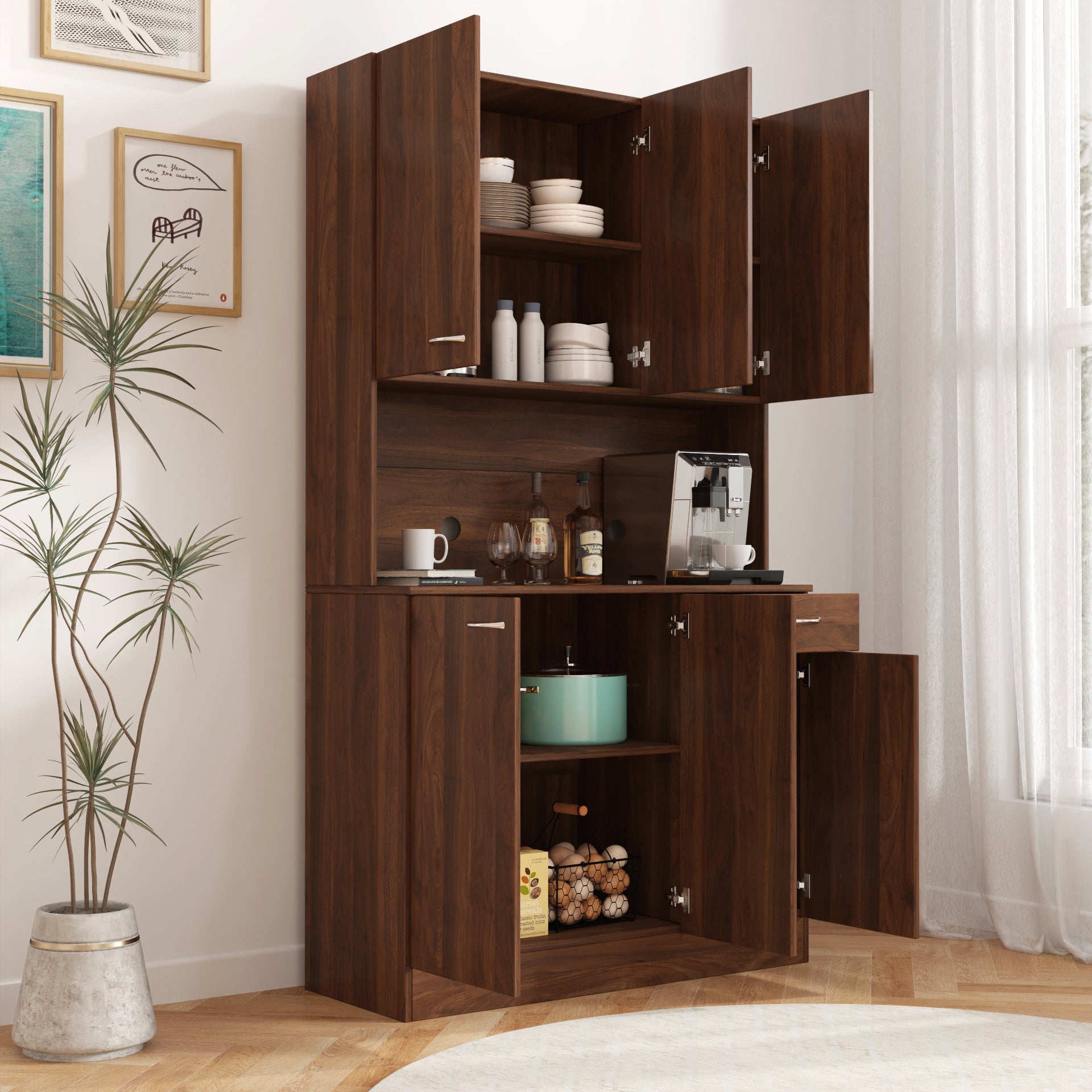 70.87 Tall Wardrobe And Kitchen Cabinet With 6 Doors 1 Open Shelf And 1 Drawer In Walnut