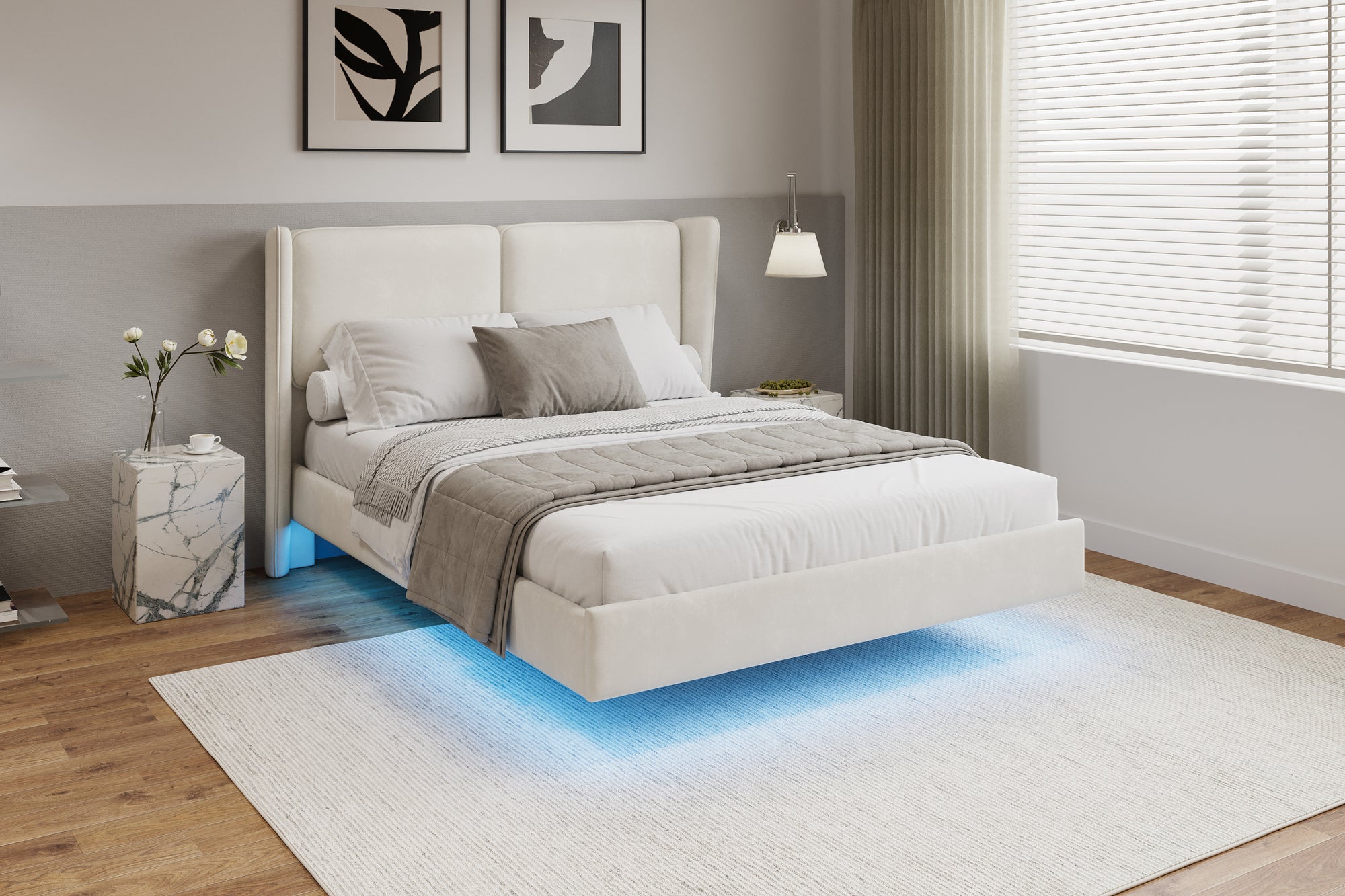 Modern Full-Size Floating Velvet Platform Bed With LED Lighting & Winged Back