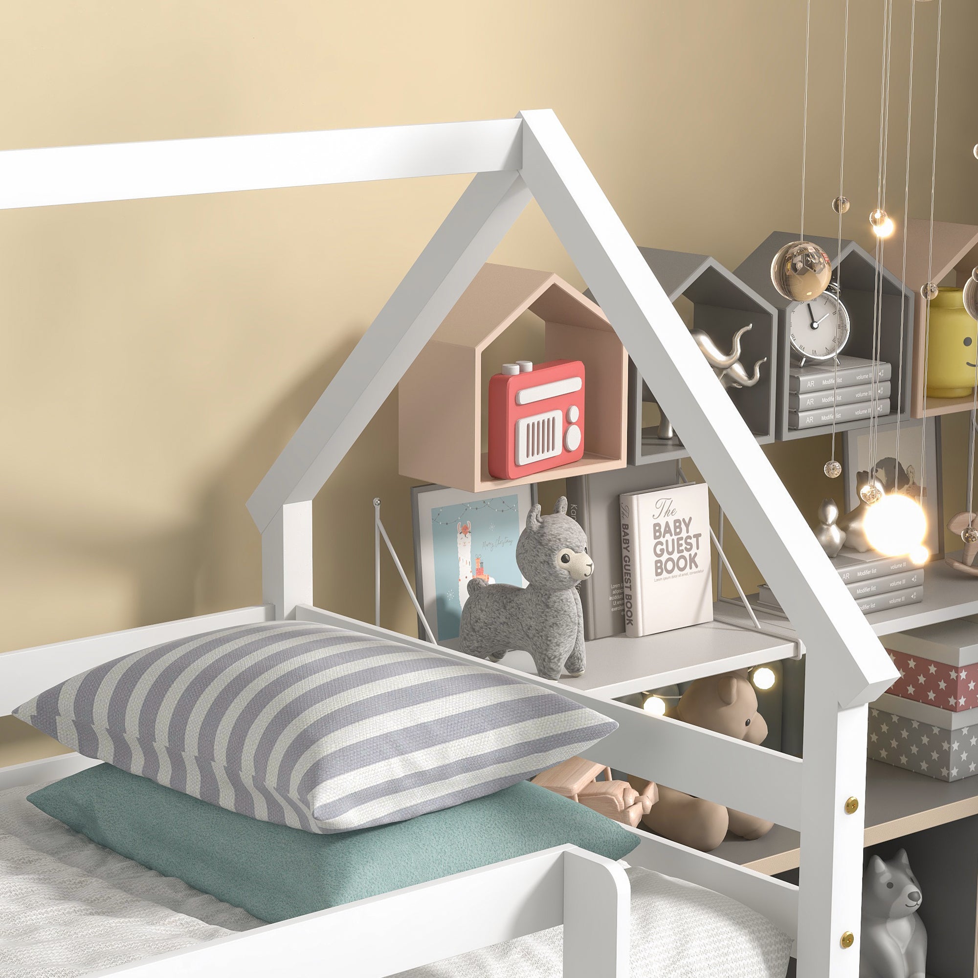 White Twin over Twin Loft Bed with Roof Design, Safety Guardrail, and Ladder