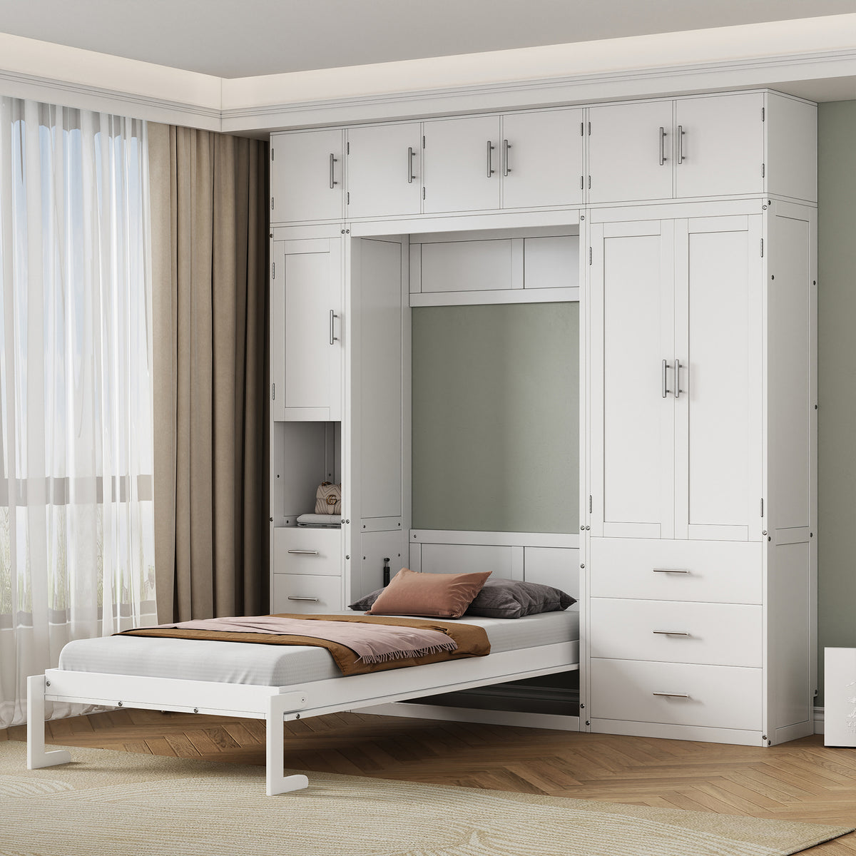 Twin Size Murphy Bed with Lockers and Wardrobes with Installation Video In White