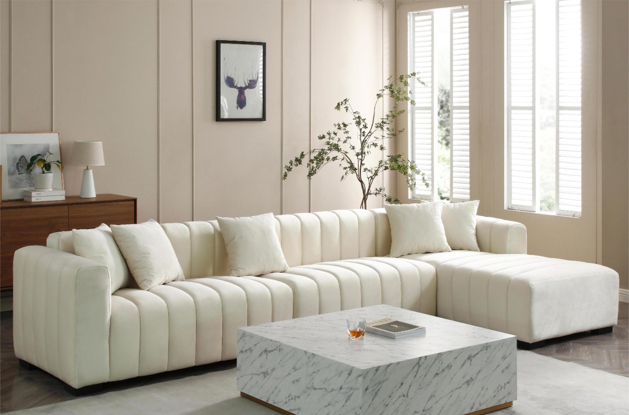 Beige Velvet L-Shaped Sectional Sofa with Tufted Upholstery & Chaise