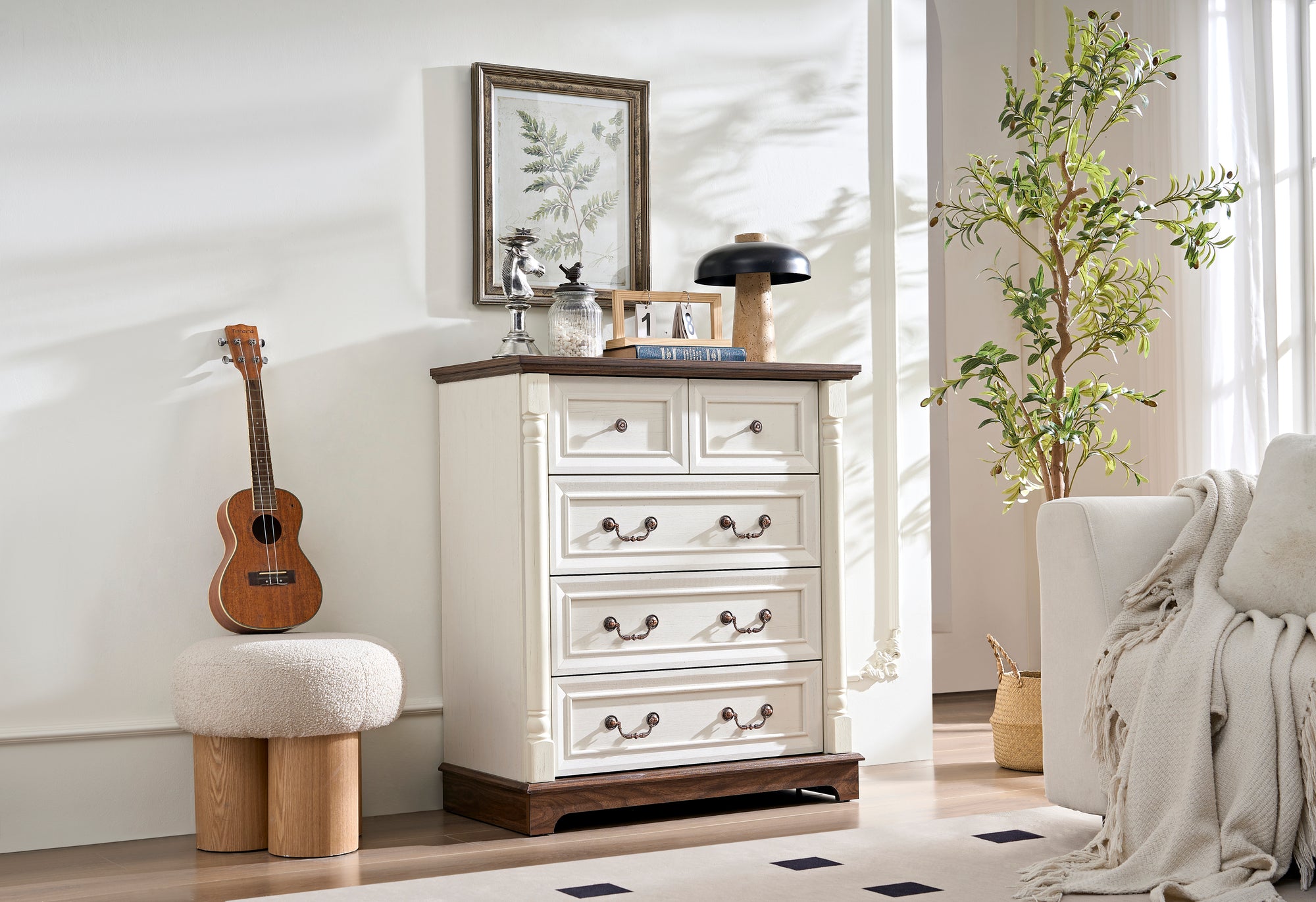 Farmhouse Style 5 Drawer Wooden Dresser Chest with Base Durable Storage Organizer In Walnut