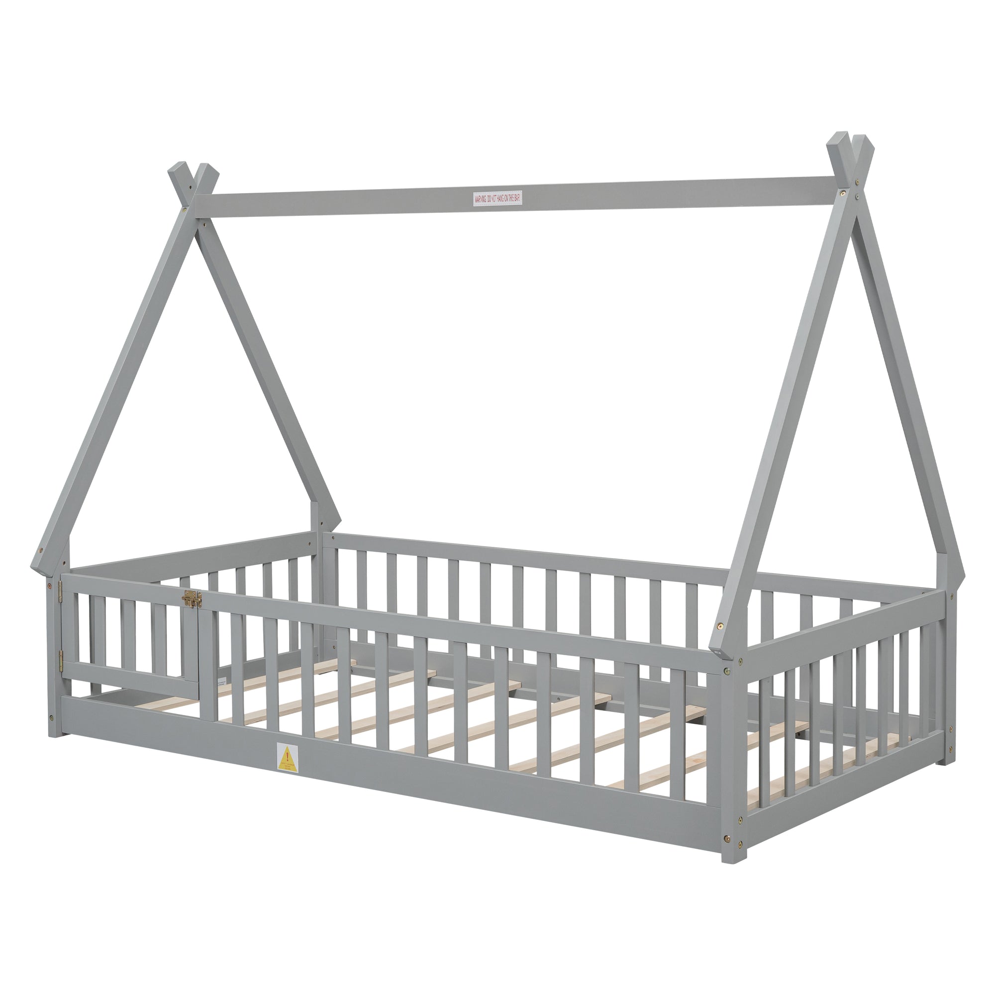 Gray Twin Tent-Shaped Toddler Floor Bed with Guardrails, Slats, and Door