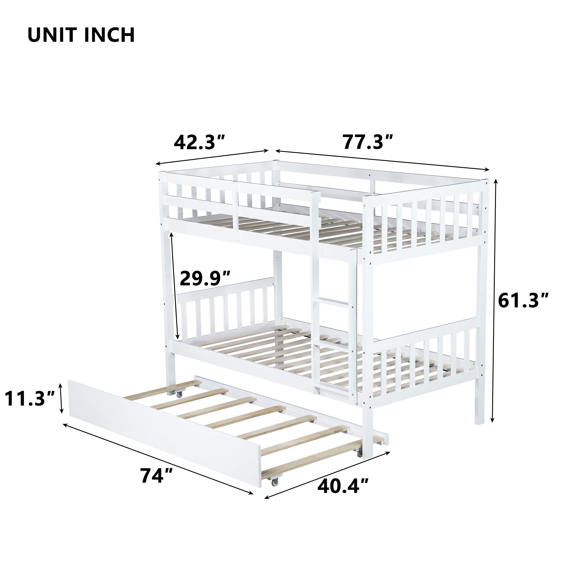 Convertible Twin Over Twin Rubber Wood Bunk Bed with Trundle