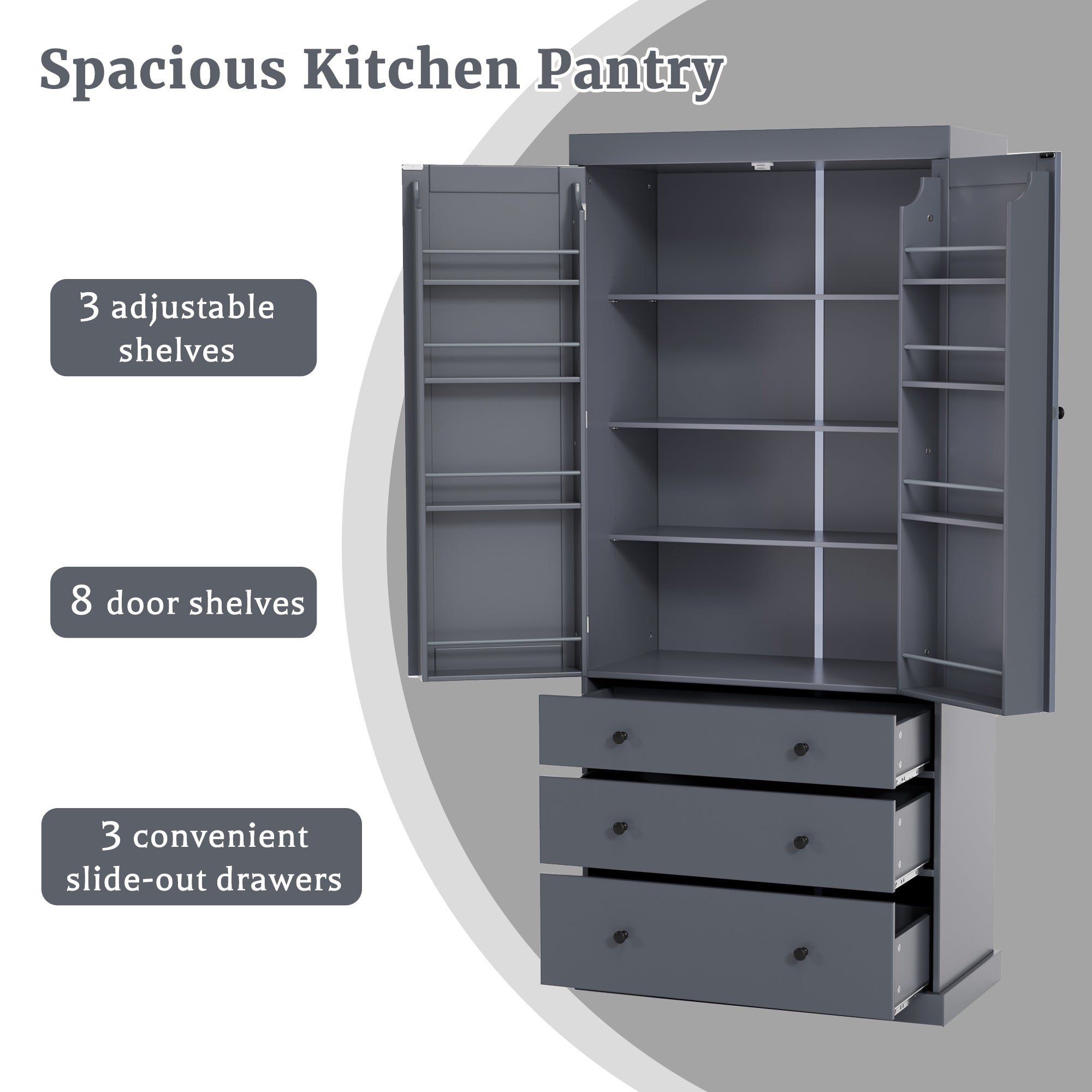 Spacious 77 Inch Farmhouse Kitchen Pantry with 3 Adjustable Shelves, 8 Door Shelves, 3 Drawers for Organized Storage In Gray