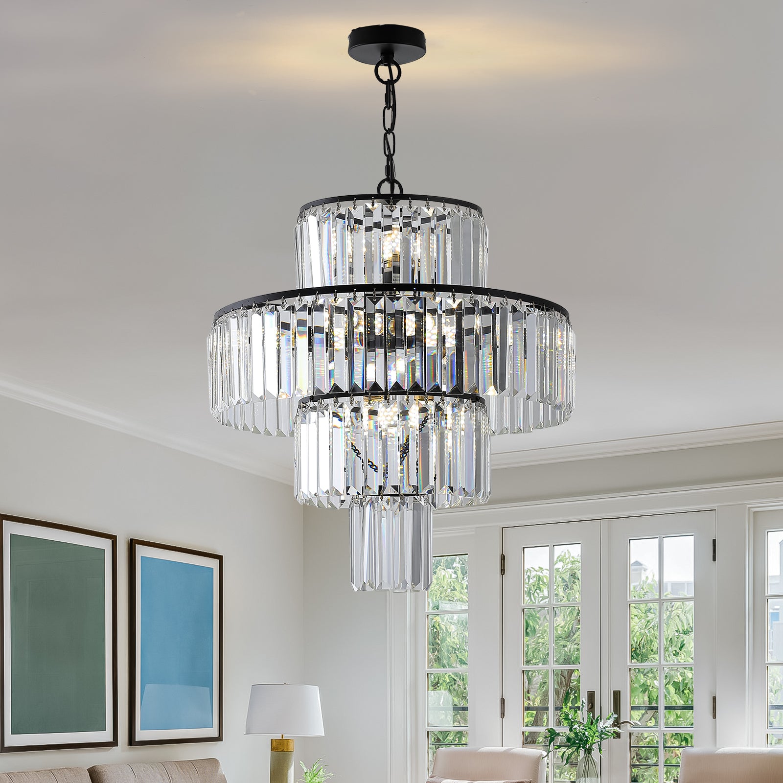 Sleek Metal Black Finish Crystal Chandelier