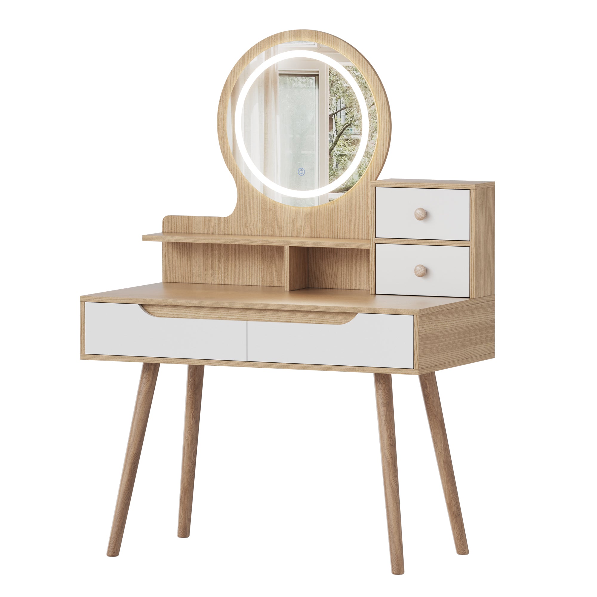 Makeup Vanity Desk with 3 Adjustable Lighted Mirror and Solid Wood Feet Dressing Table Set with 4 Drawers and 3 Shelves in American White Oak