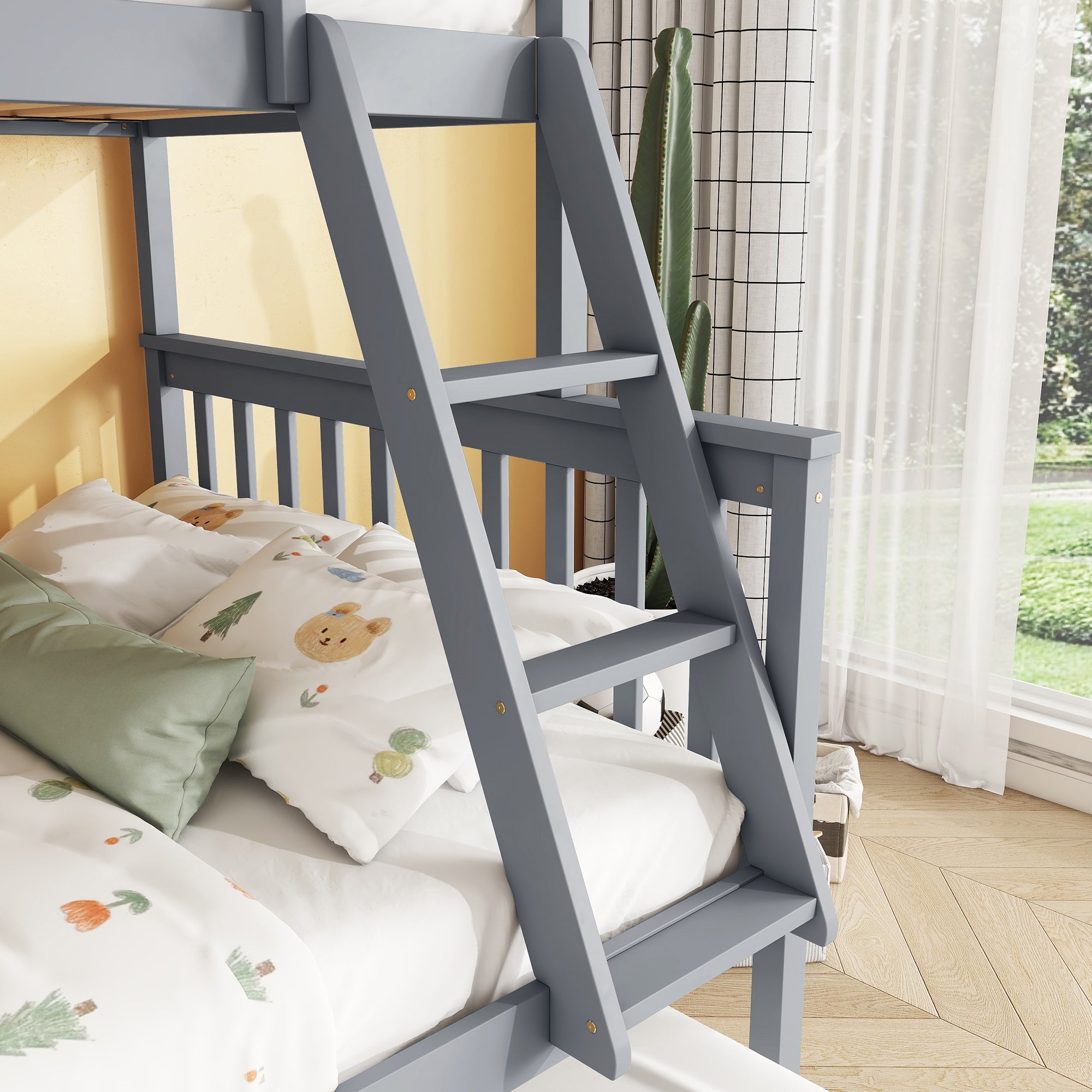 Convertible Gray Twin Over Full Rubber Wood Bunk Bed with Trundle