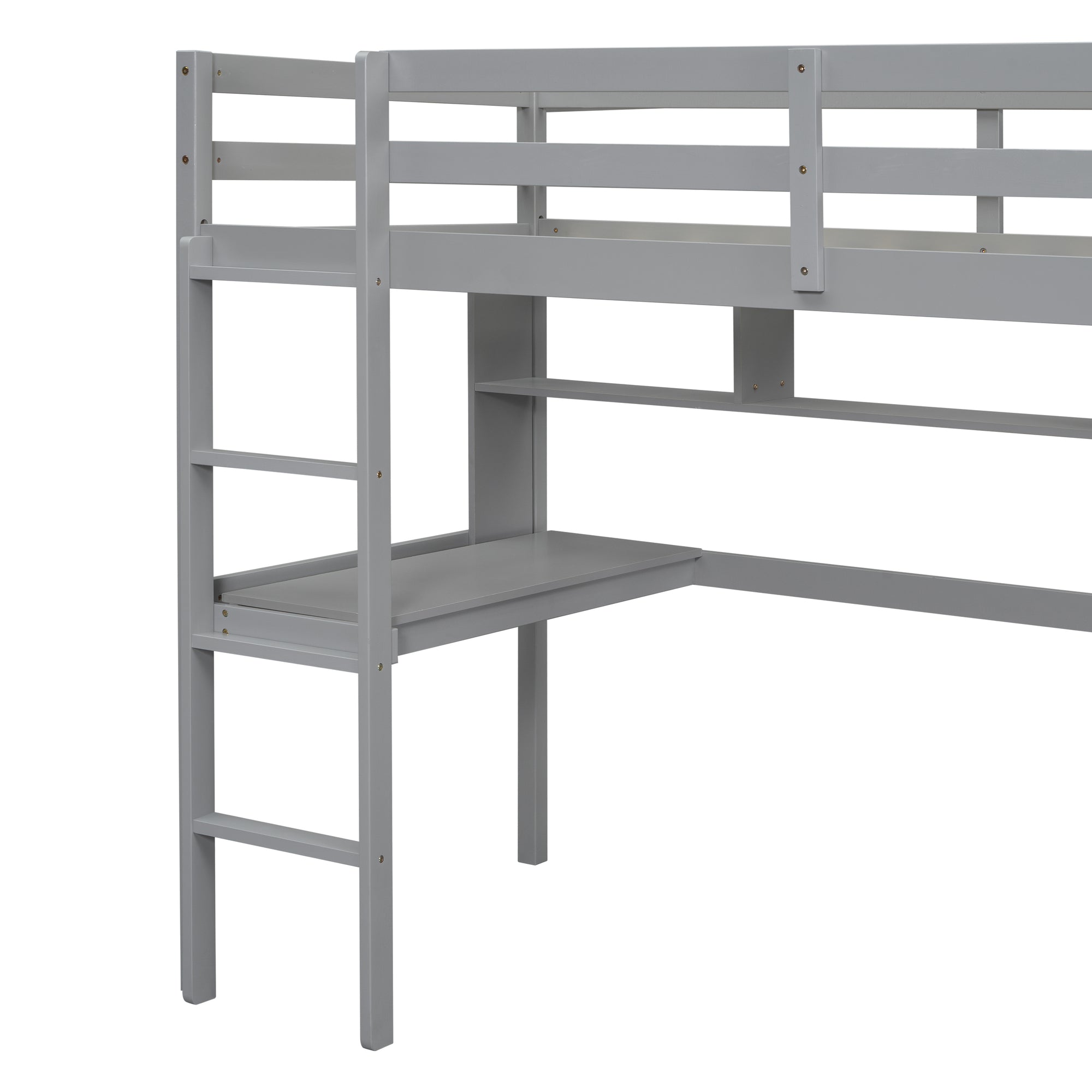 Gray Twin Loft Bed with Desk, Bookcase, and Safety Guardrail