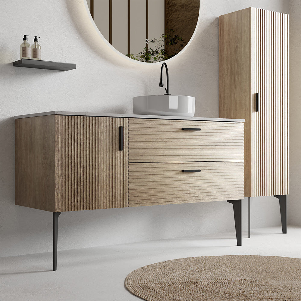 Striped Natural Oak Bathroom Vanity with Sink Freestanding Cabinet for Modern Spaces In Oak