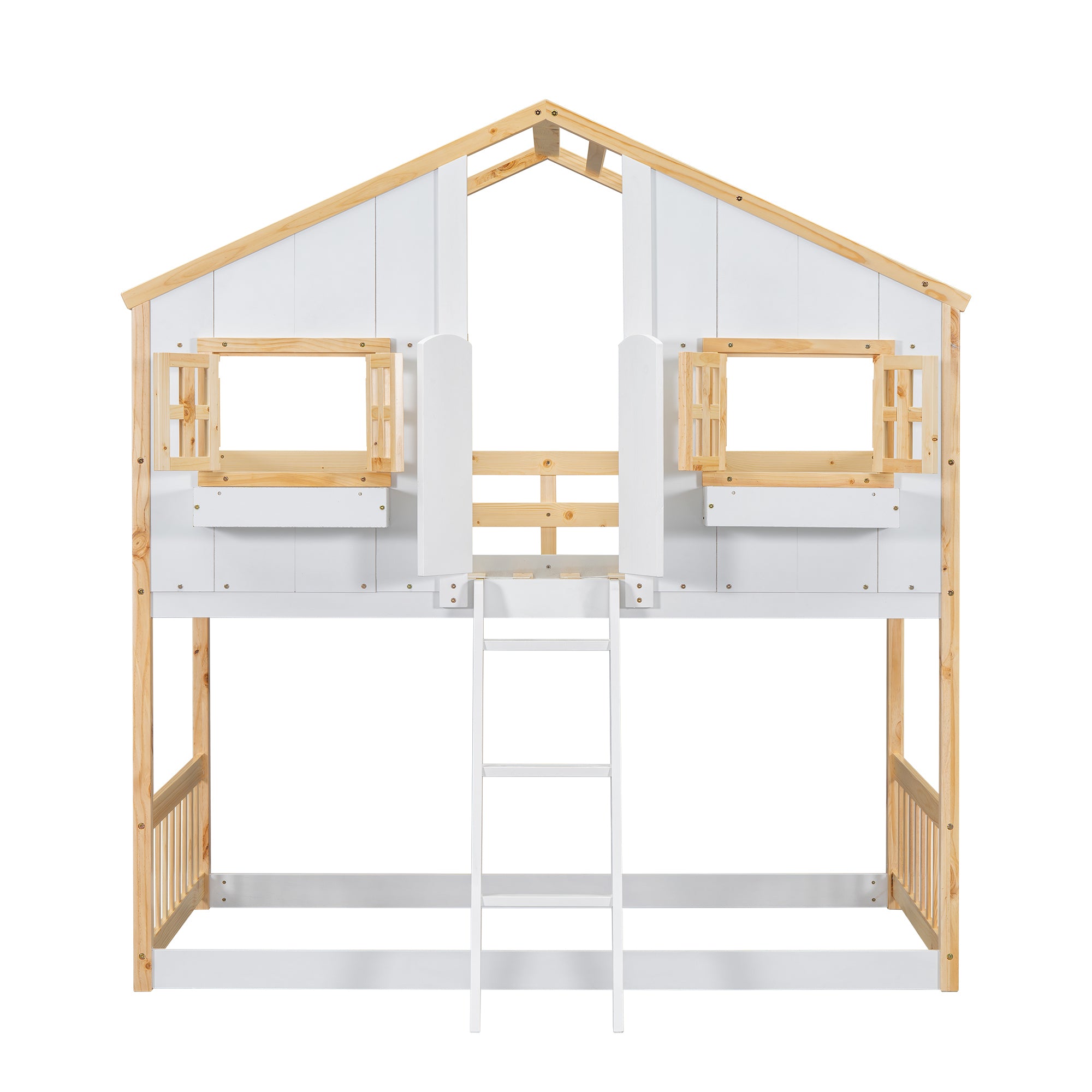 Twin Over Twin House Bunk Bed with Roof, Window, and Door in Natural and White Tones