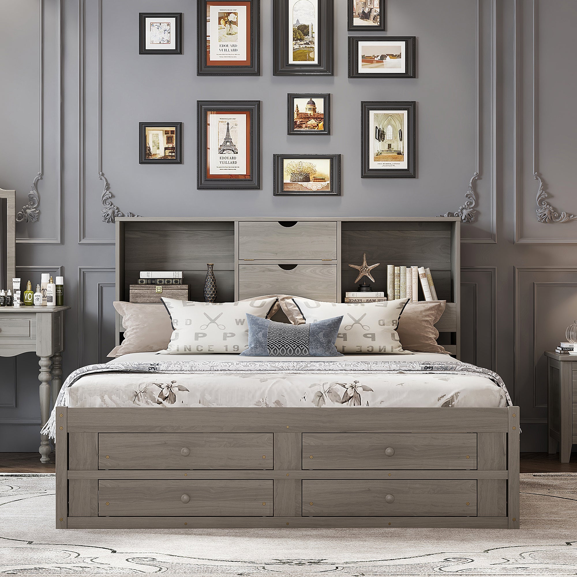 King Size Platform Bed with 8 Drawers and Storage Headboard In Gray