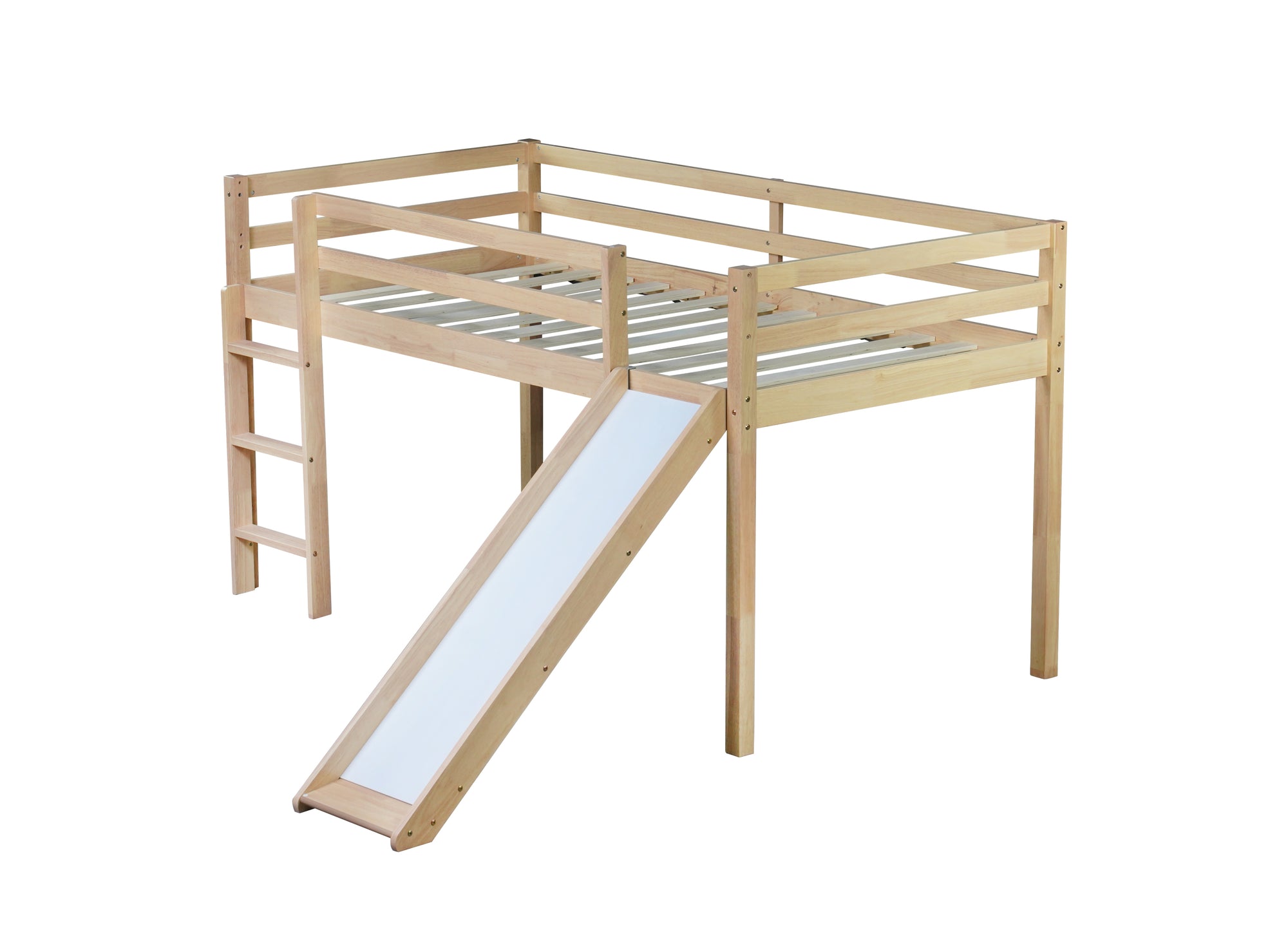 White Oak Twin Low Loft Bed with Slide and Ladder