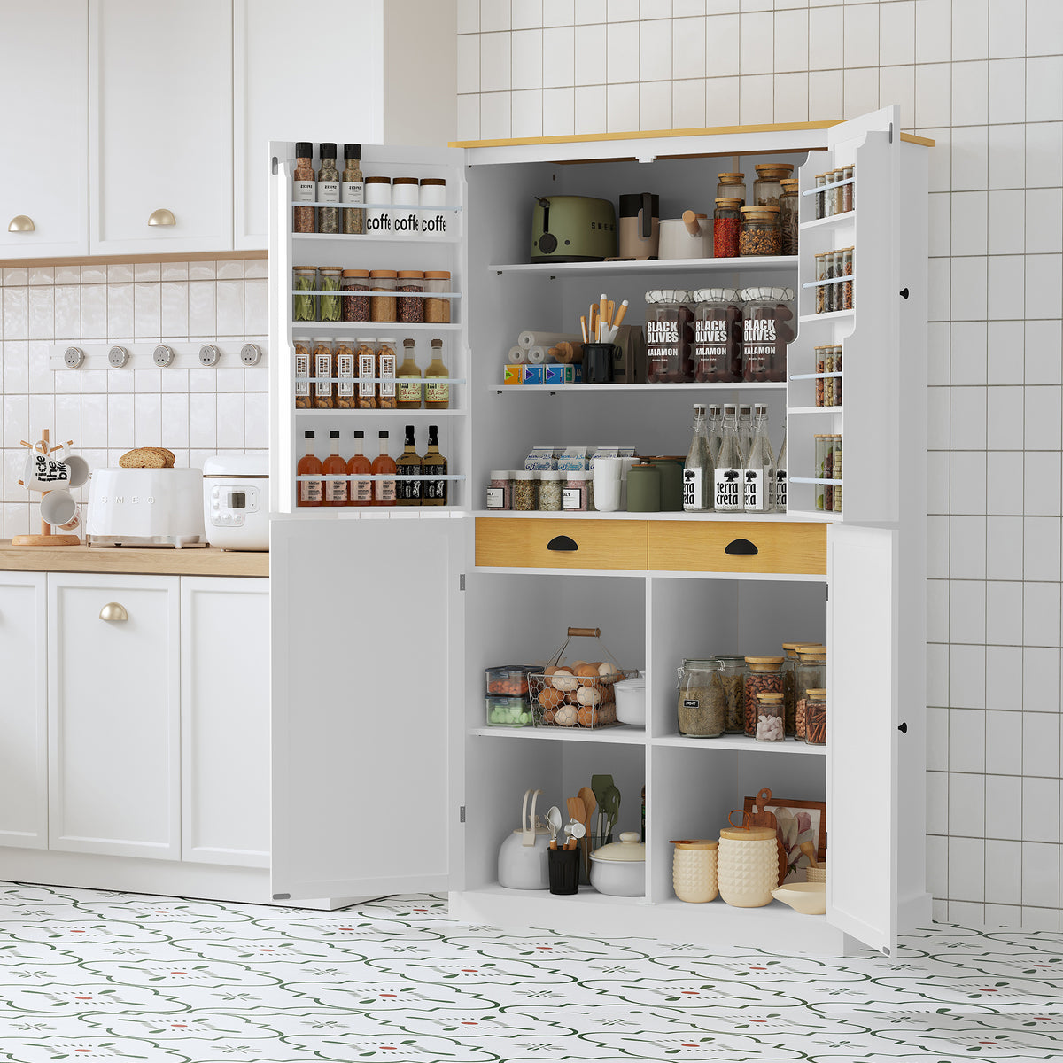 High Freestanding Kitchen Pantry with 2 Drawers, 2 Adjustable Shelves, 8 Door Shelves In White