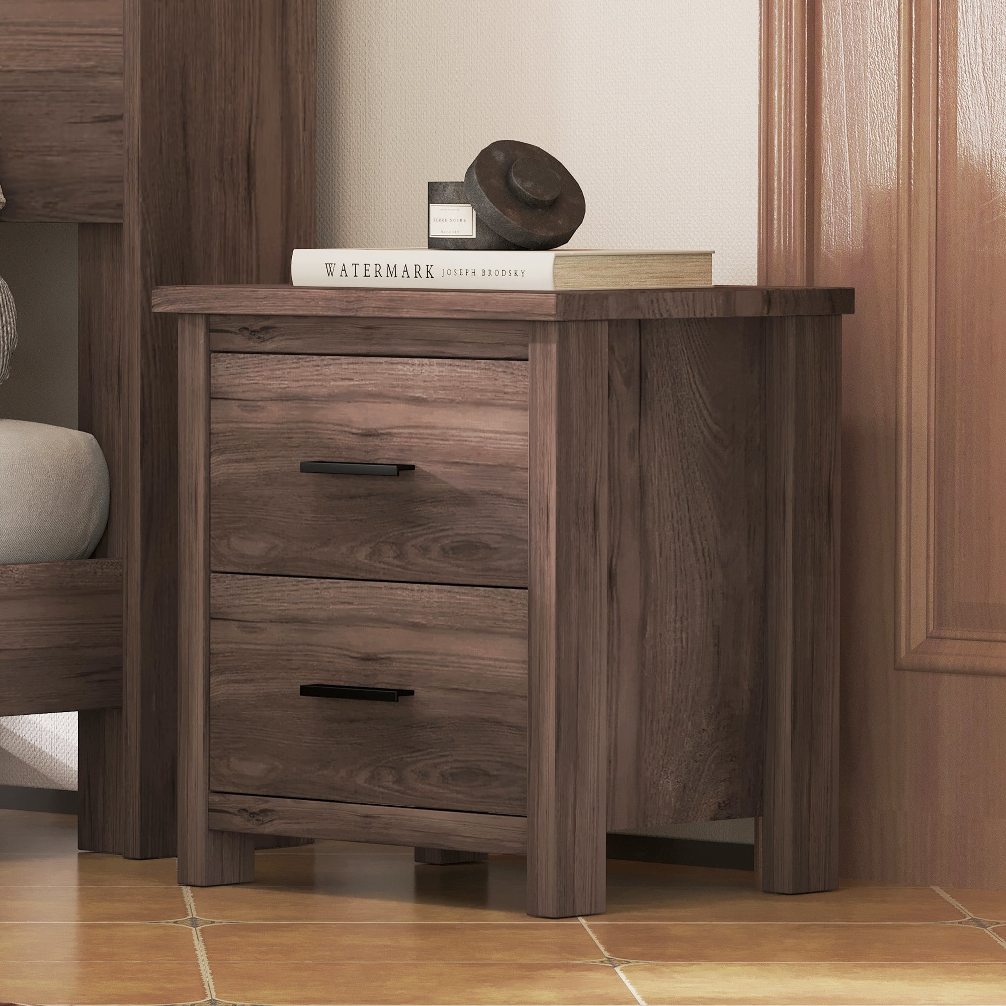 Vintage Two Drawer Nightstand with Simple Storage Space in Dark Walnut