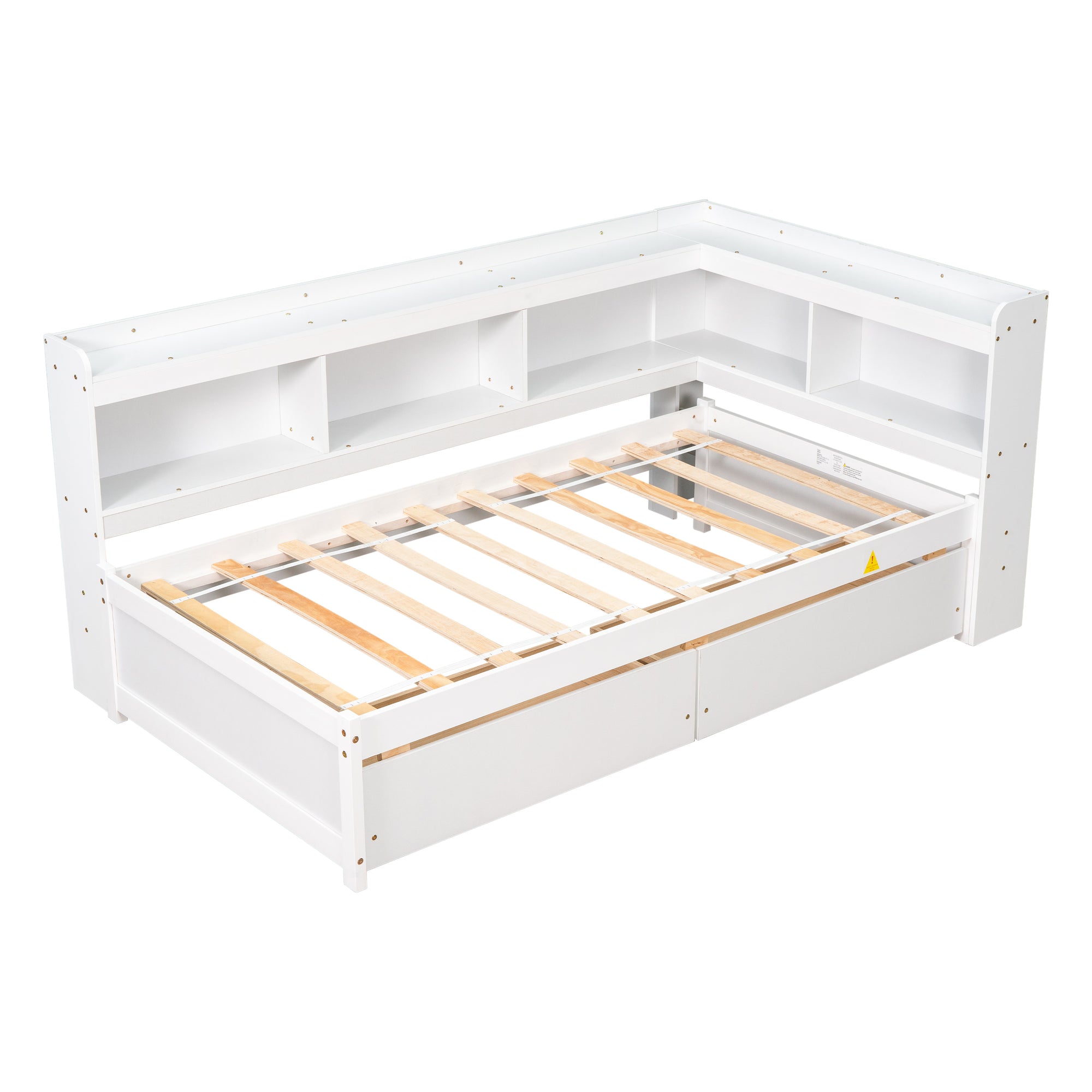 White Twin Bed with L-Shaped Bookcases and Storage Drawers