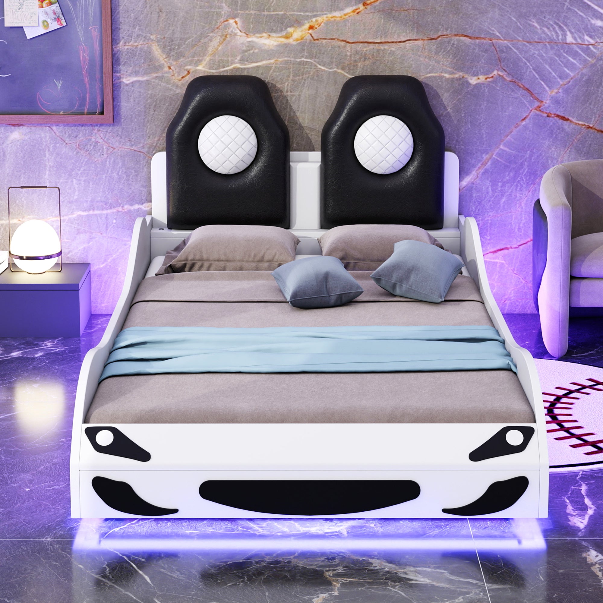 Wood Twin Size Race Car Platform Bed with LED and Upholstered Backrest In White