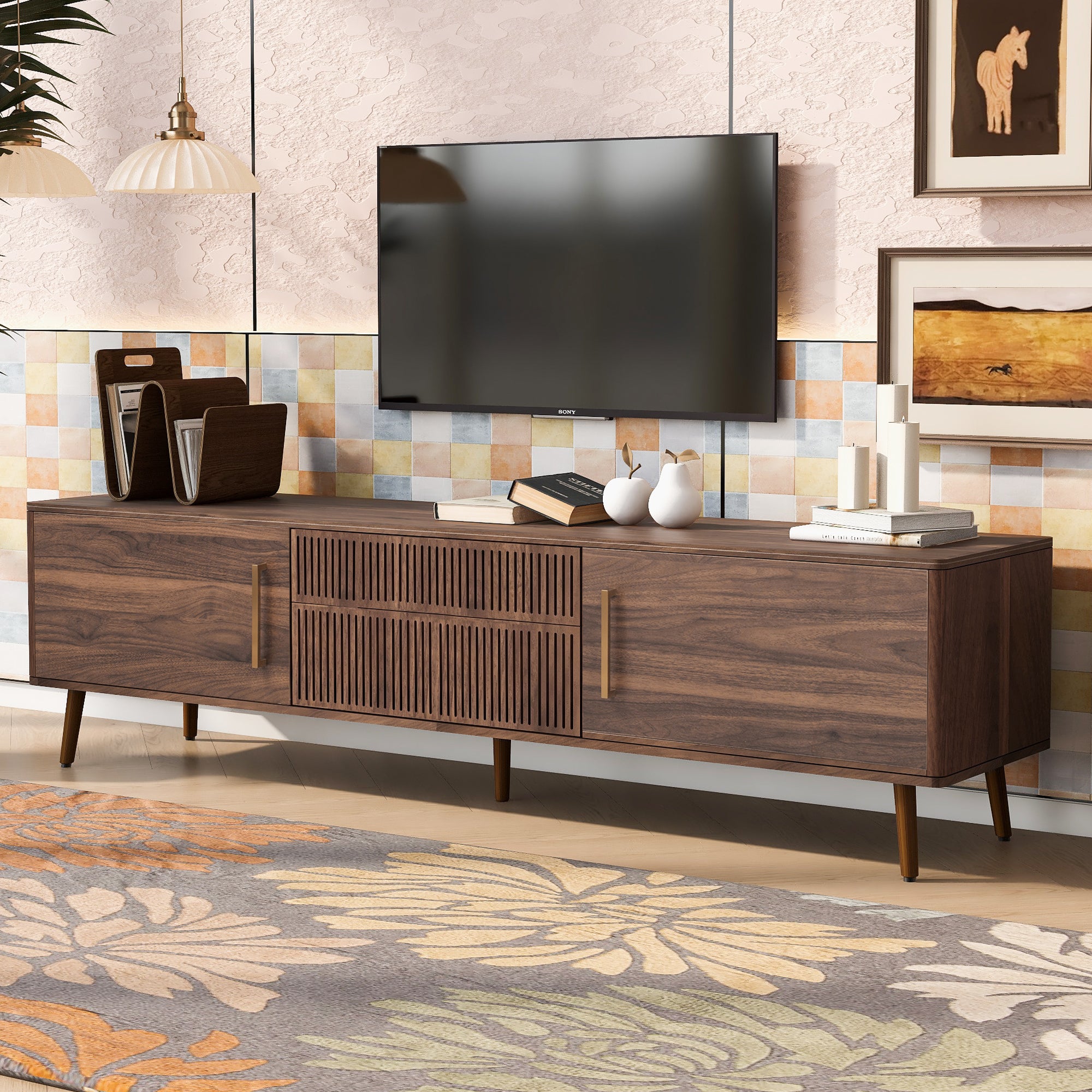 Mid Century TV Stand with 2 Drawers for TVs up to 80 Inch Solid Wood and MDF Media Console Table In Walnut