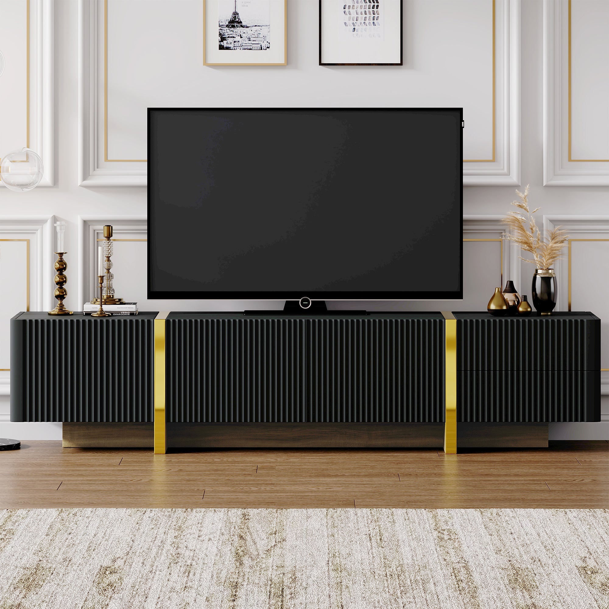 Luxury Fluted TV Stand for TVs Up to 80 Inch Modern Entertainment Center with Storage Cabinets In Black