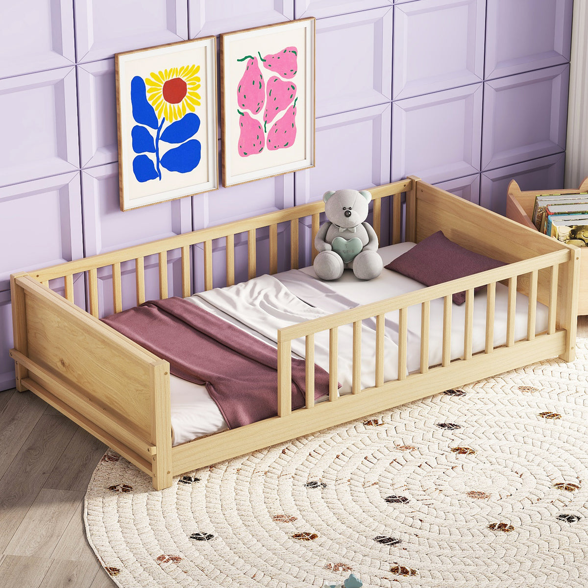 Natural Finish Twin Toddler Floor Bed with Built-in Book Storage Rack