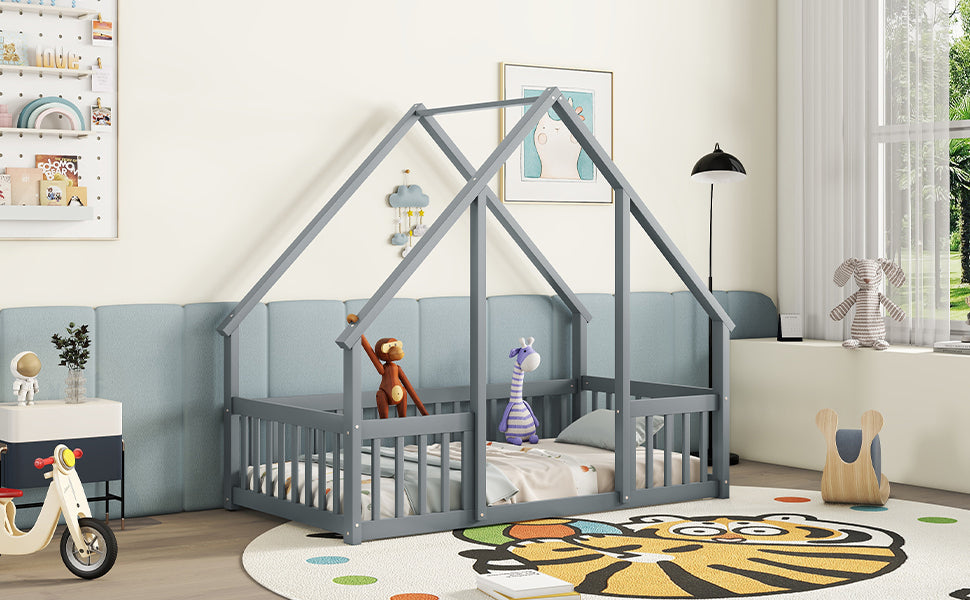 Twin Wood House-Shaped Toddler Floor Bed with Fence & Guardrails in Gray