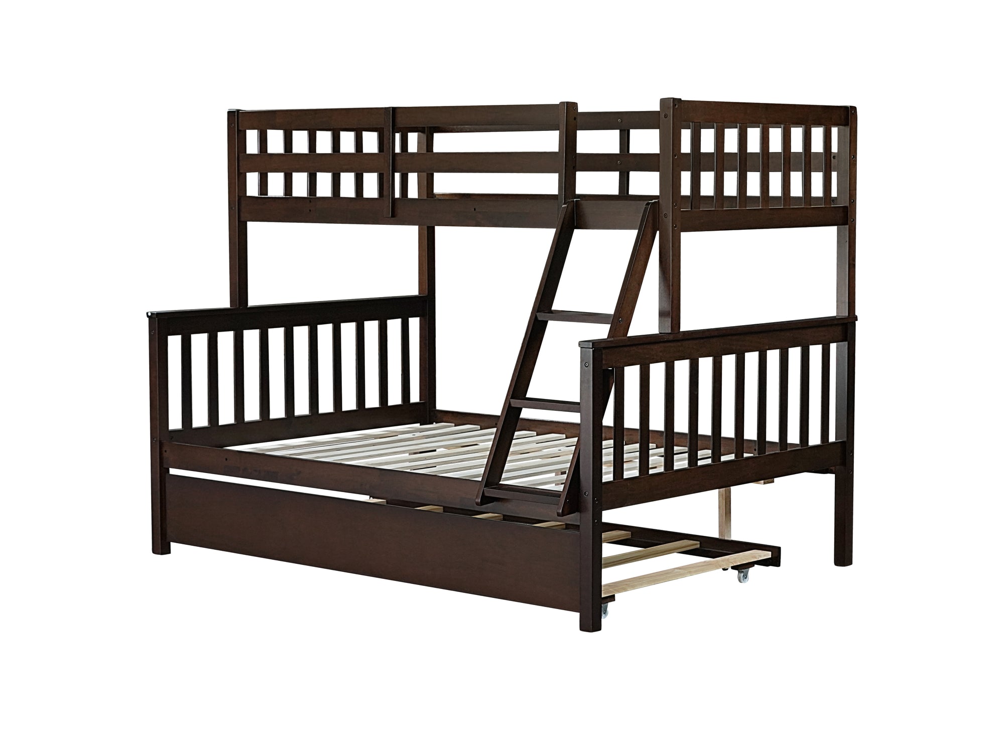 Espresso Twin Over Full Rubber Wood Bunk Bed with Trundle and Detachable Design