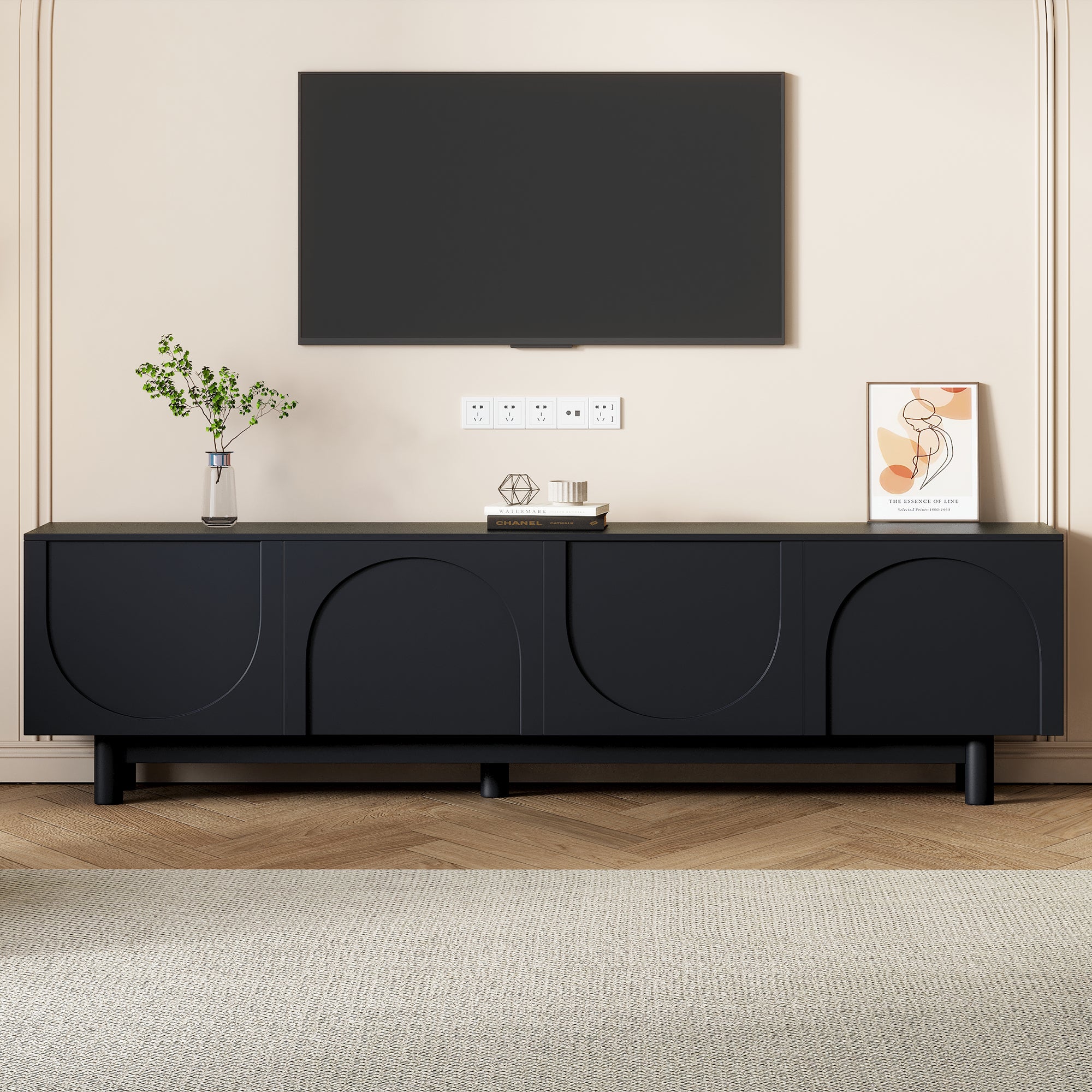 Graceful TV Stand with Arch Cabinets for TVs Up to 78 Inches, Minimalist Solid Wood Legs, Adjustable Shelves and Cable Holes In Black